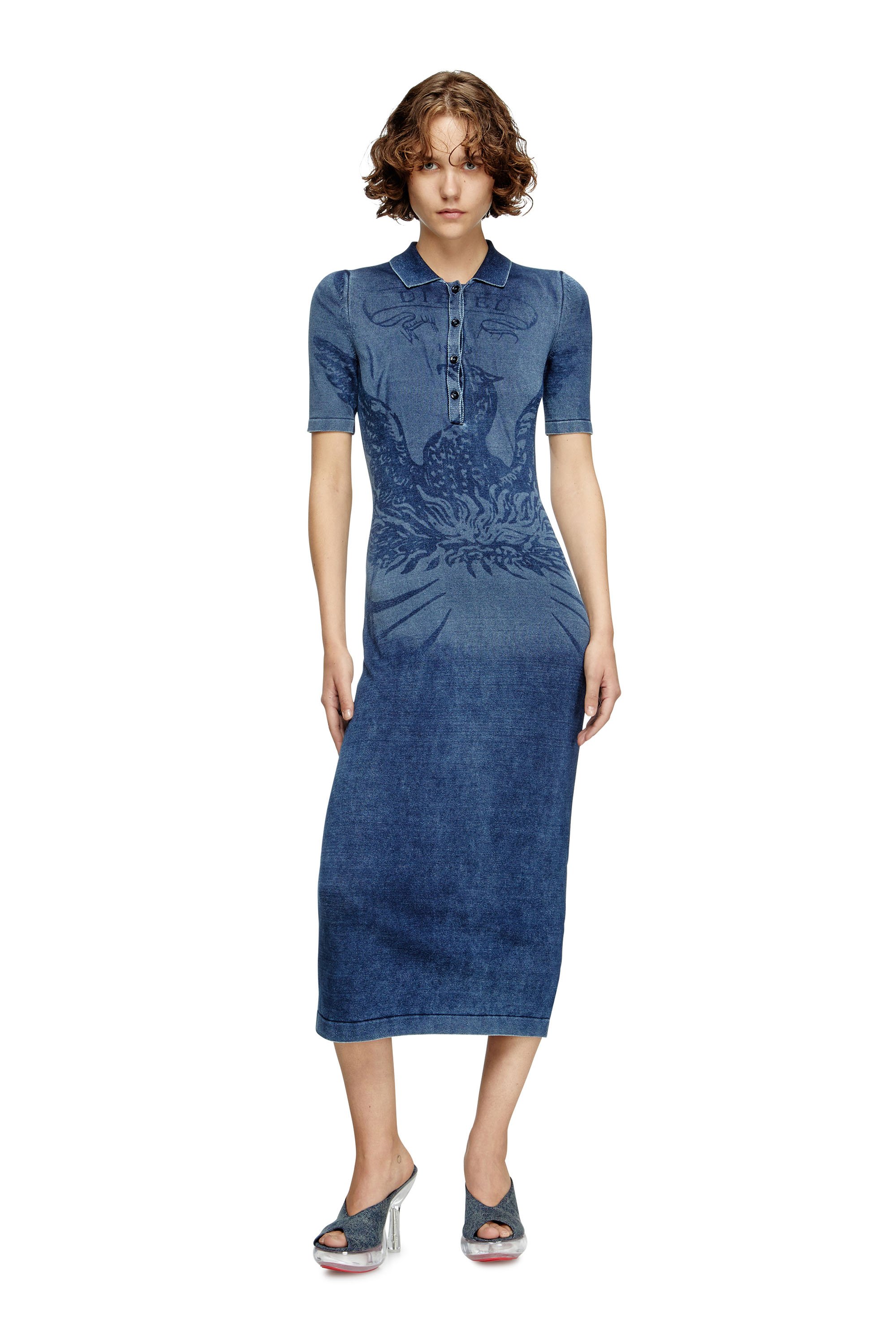 Diesel - M-FENNY-DRS, Female's Polo midi dress in denim-effect knit in ミディアムブルー - 2