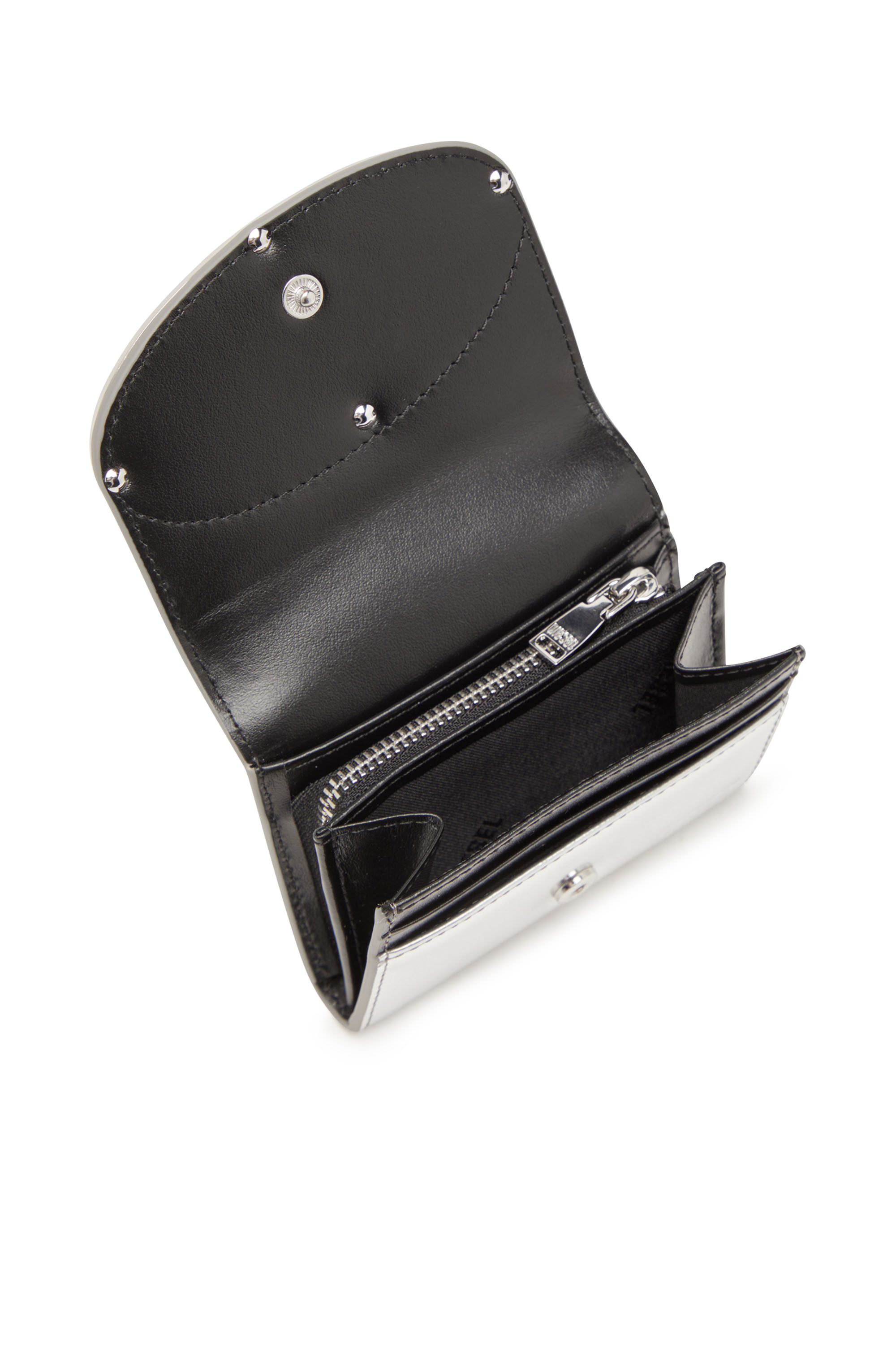 Diesel - 1DR CARD HOLDER BI-FOLD ZIP III, Female's Bi-fold card holder in mirrored leather in シルバー - 3