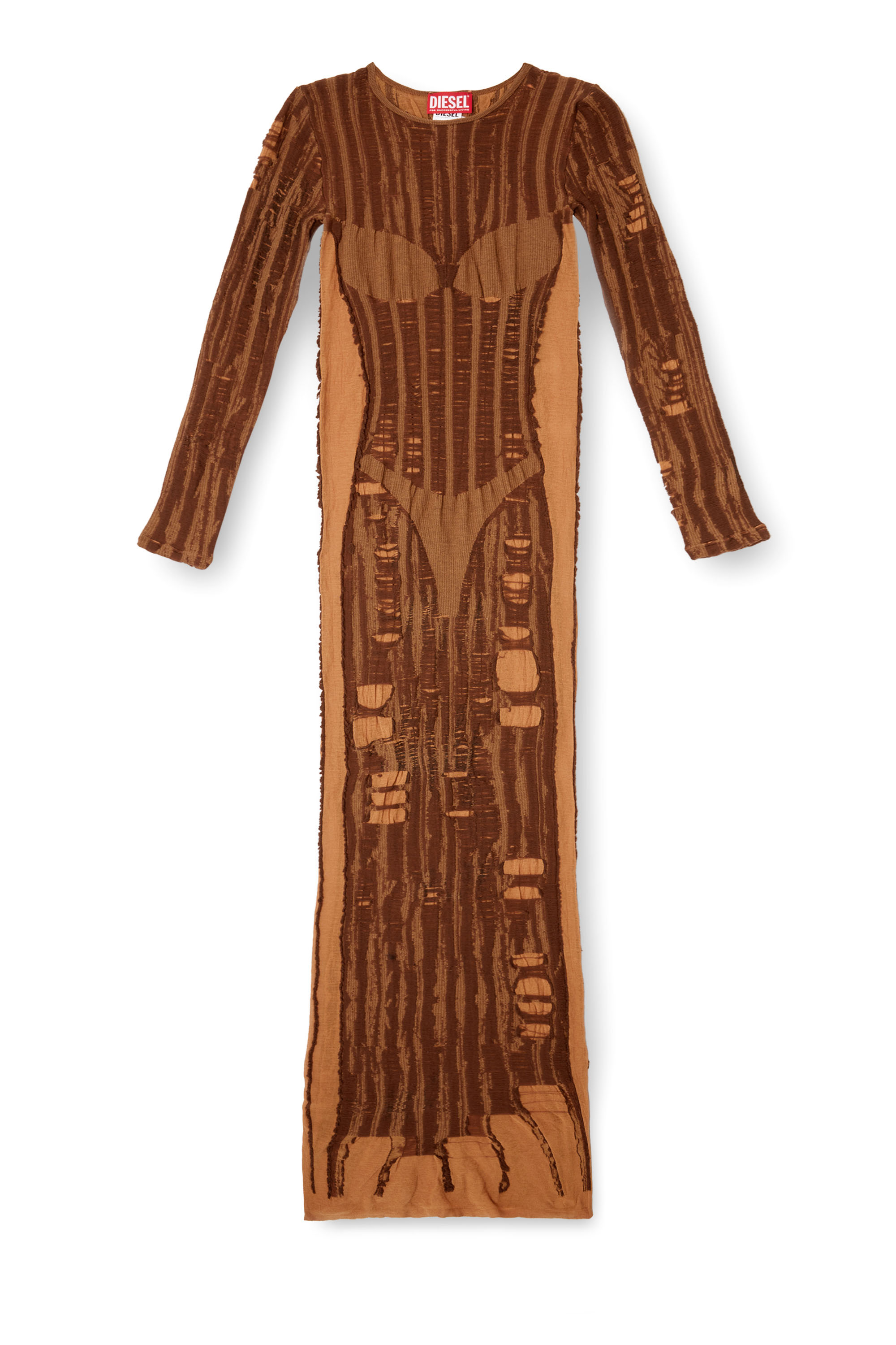 Diesel - M-CALIMERA, Female's Maxi dress in distressed second-skin knit in ブラウン - 5