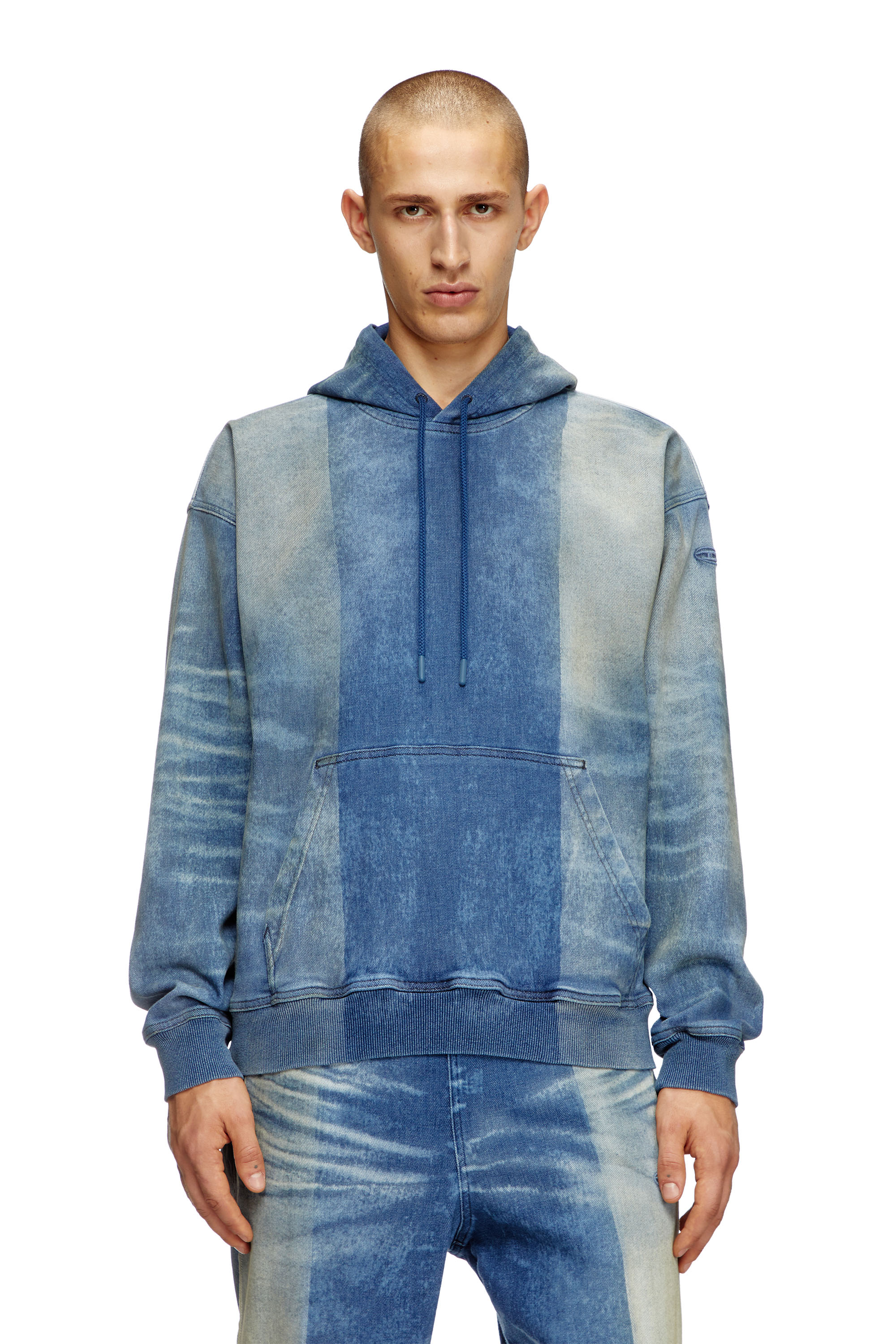 Diesel - D-UM-RIB-FSF TRACK, Unisex's Hoodie in Track Denim with solarised folds in ミディアムブルー - 1
