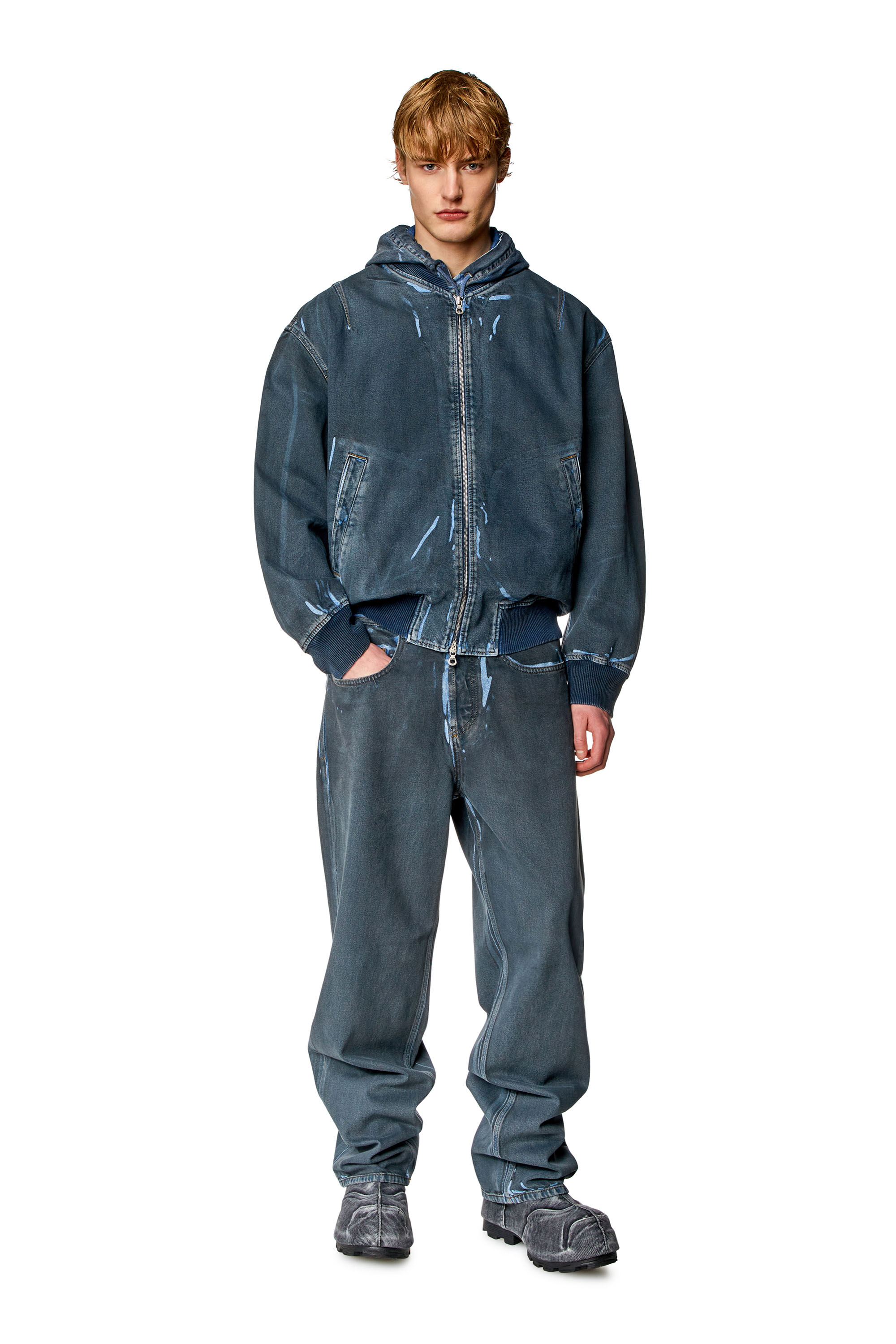 D-VINZ-S Bomber jacket in used-effect coated denim｜ブルー 