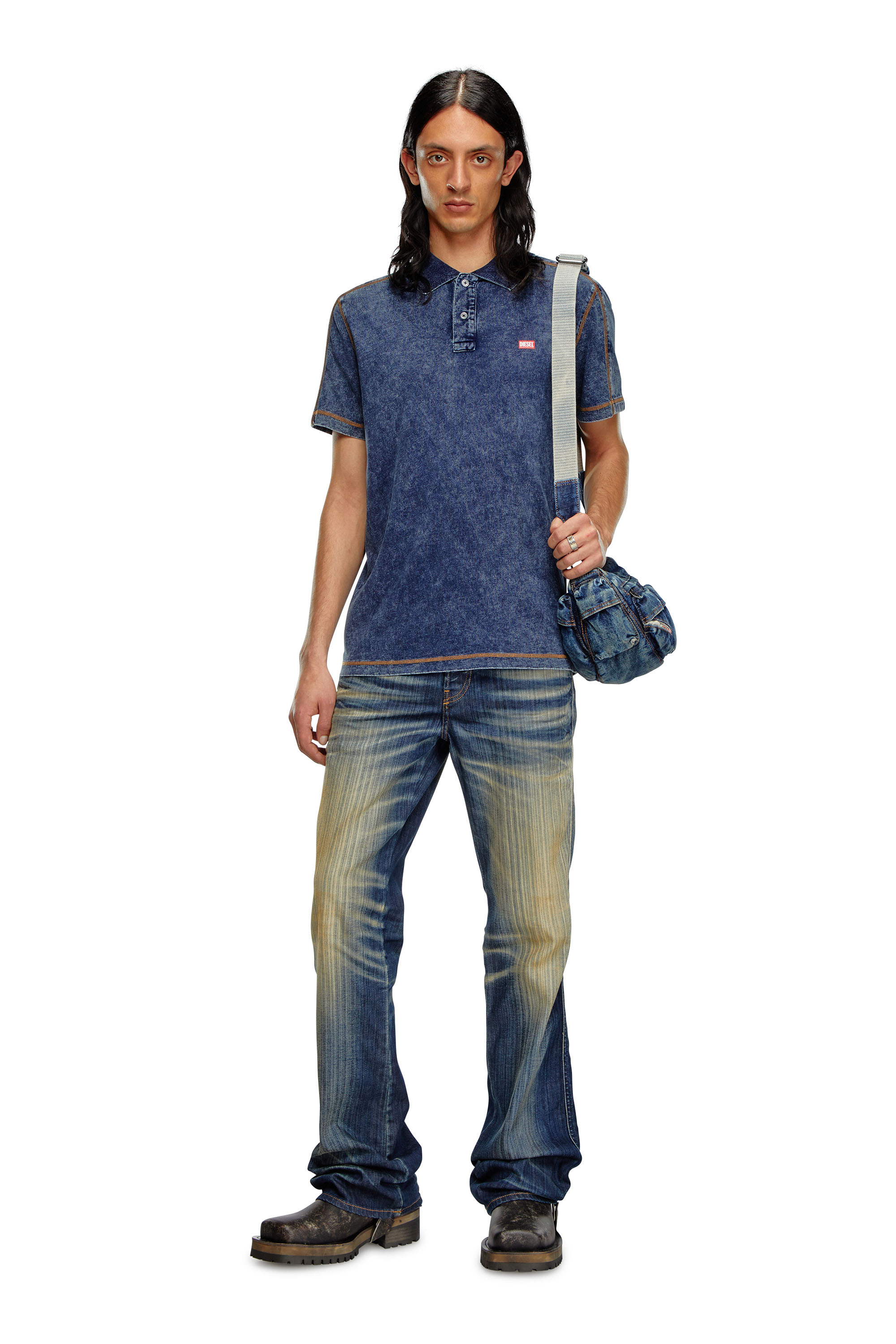 Diesel - T-SWIND, Male's Polo shirt in denim-effect jersey in ブルー - 1