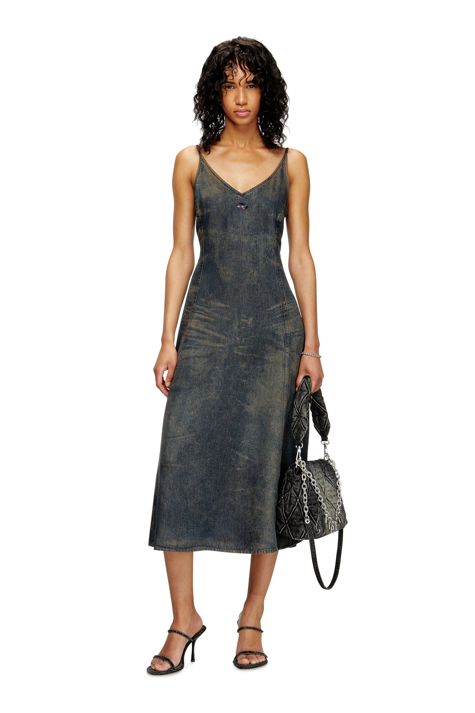 Diesel - DE-BELD-S, Female's Midi dress in fluid dirt-effect denim in ダークブルー - 1