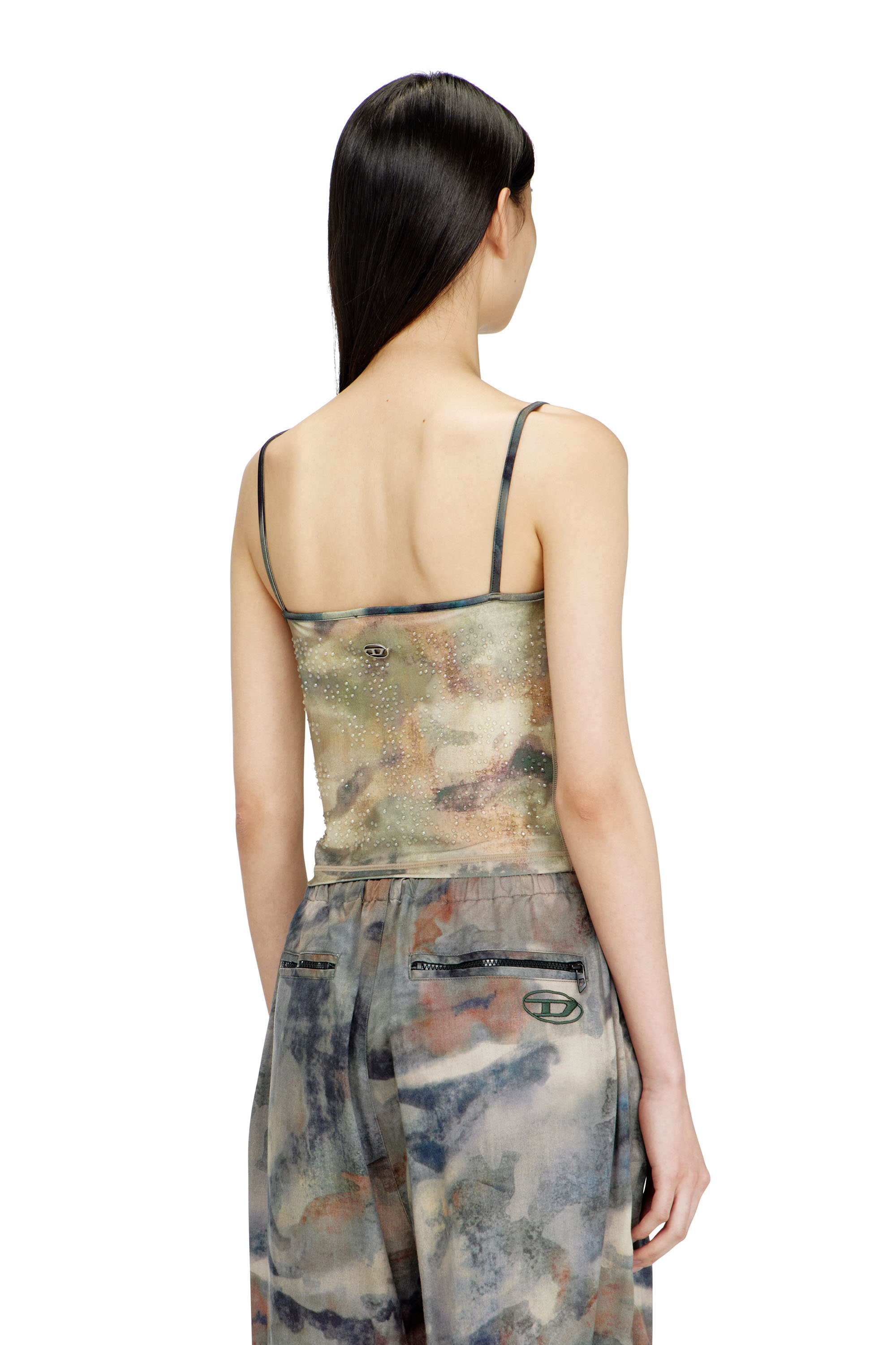 Diesel - T-IPLU, Female's Nylon skinny top with all-over camou and crystal details in グリーン - 4
