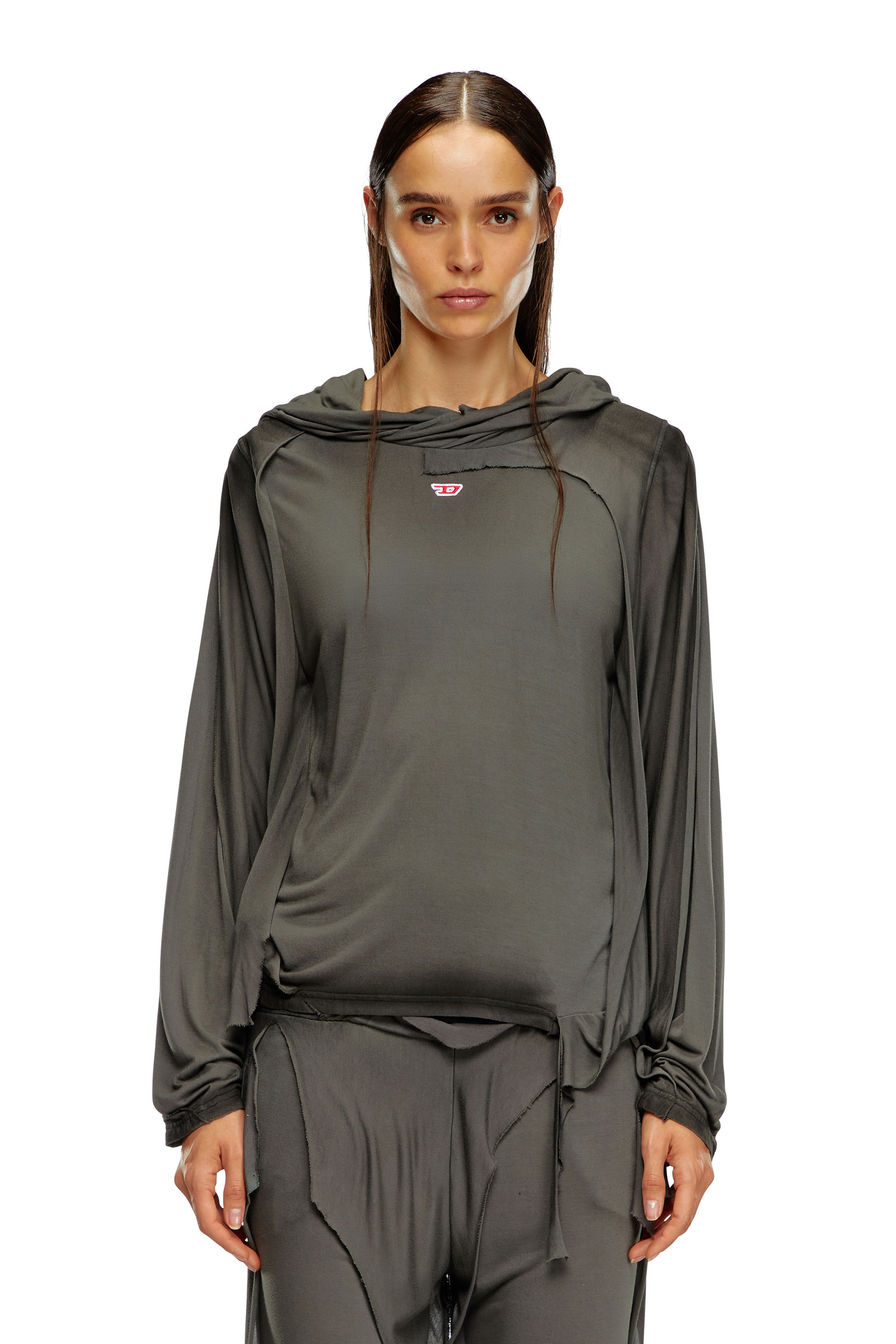 Diesel - T-AGO, Female's Destroyed hooded top in layered jersey in ダークグレー - 5