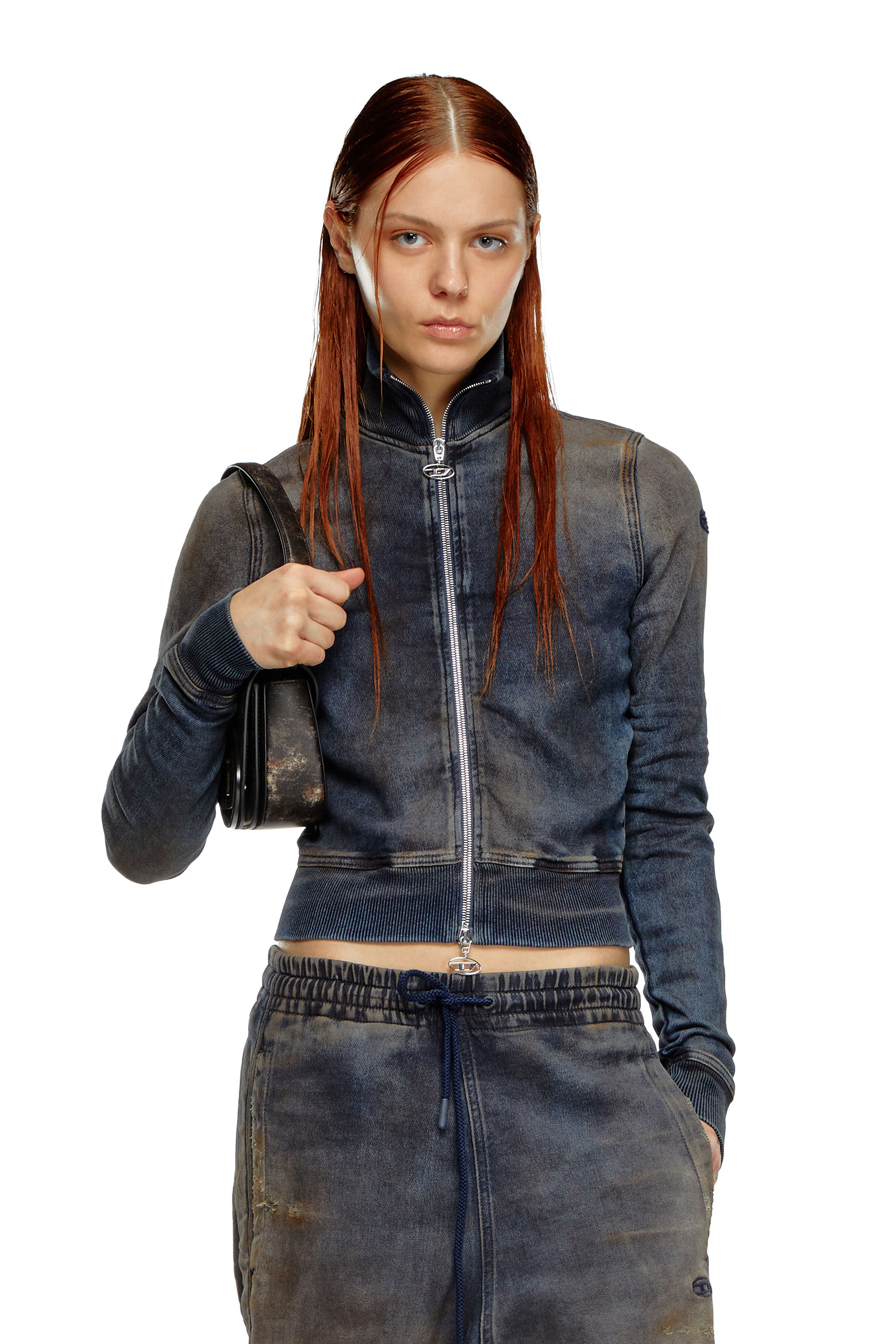 Diesel - D-EMY TRACK, Female's Zip-up sweatshirt in distressed Track Denim in ダークブルー - 1