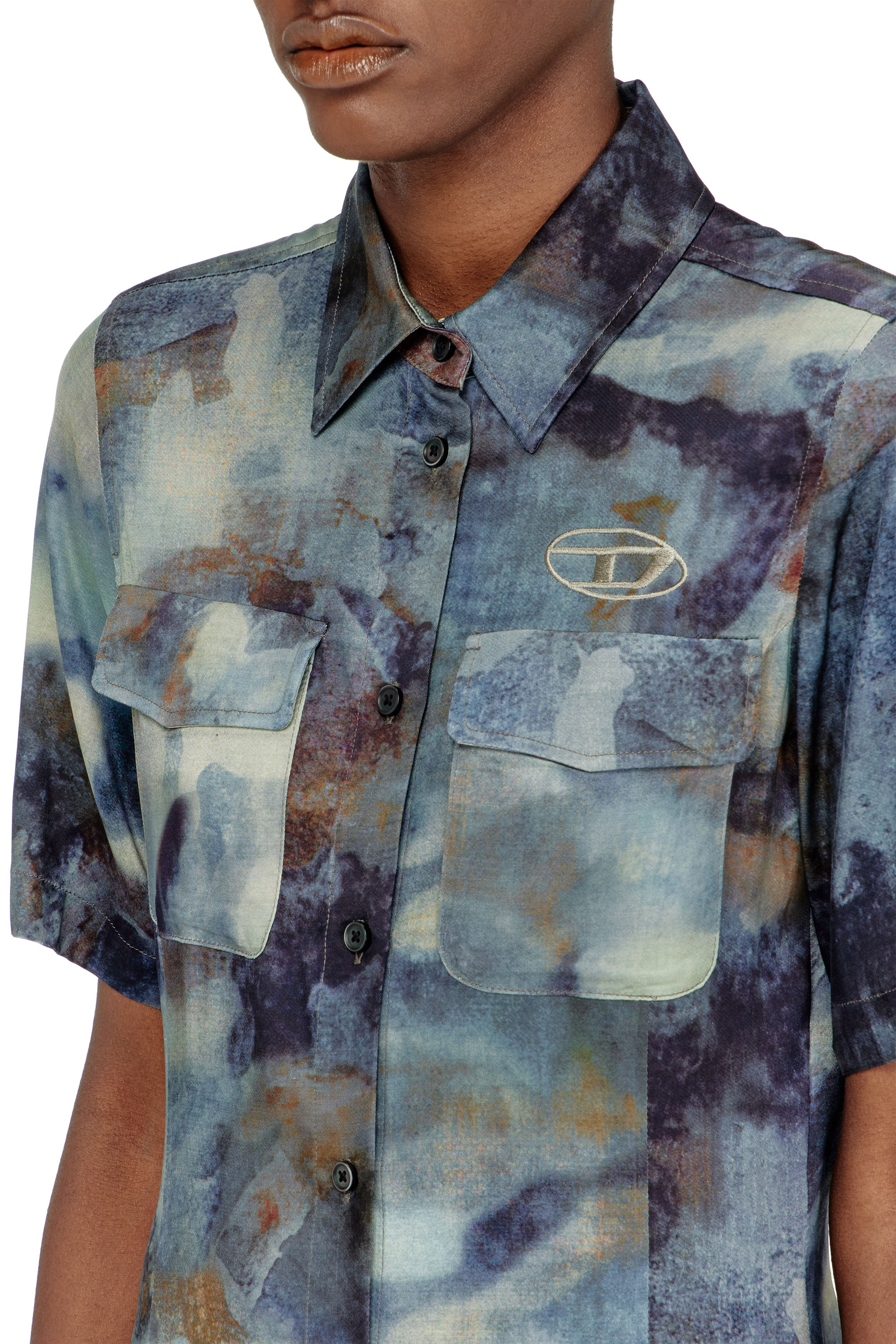 Diesel - D-ANA, Female's Satin shirt-dress with all-over camo print in ブルー - 5
