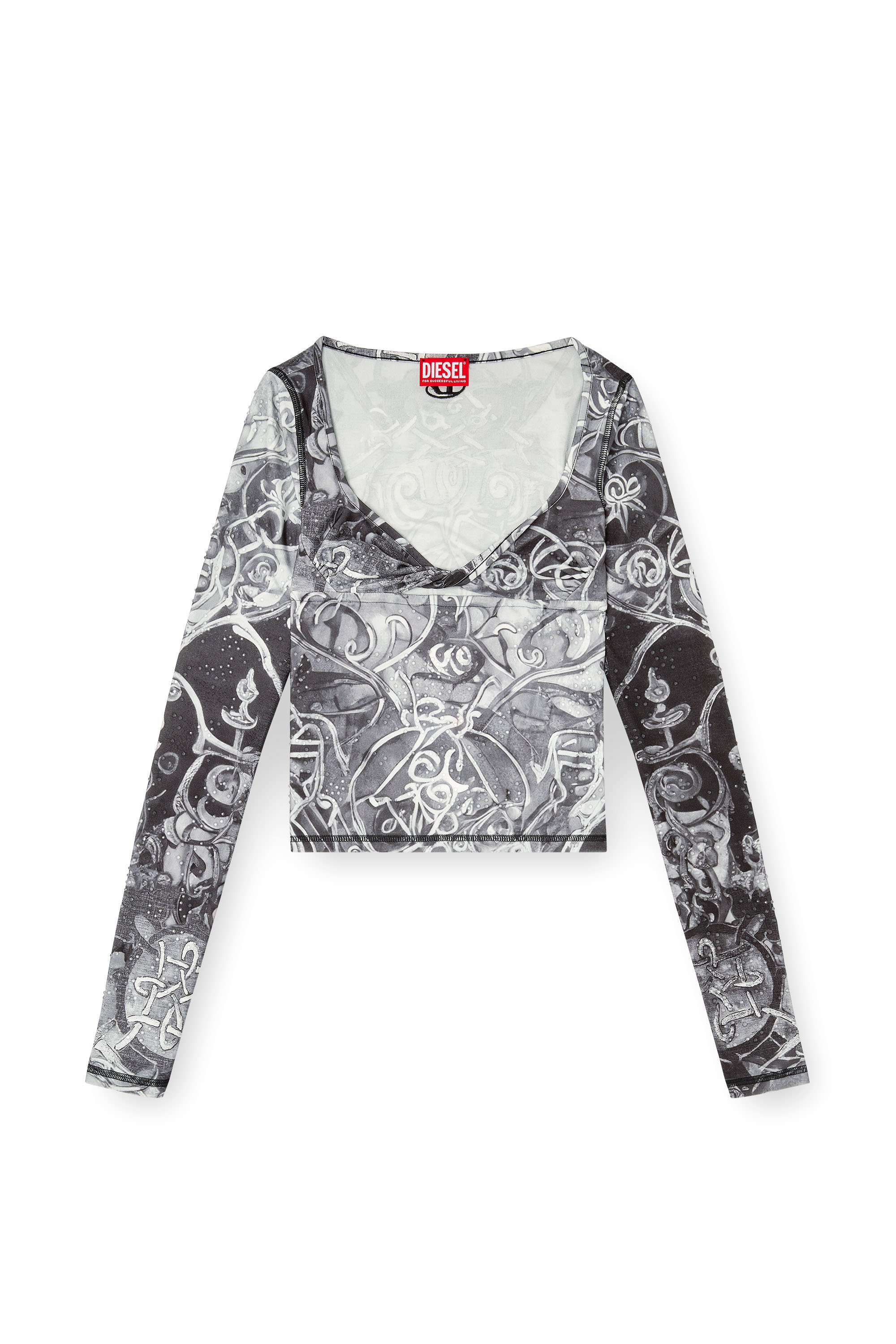 Diesel - T-ANTICA-LS, Female's Printed top with crystal droplets in グレー - 3