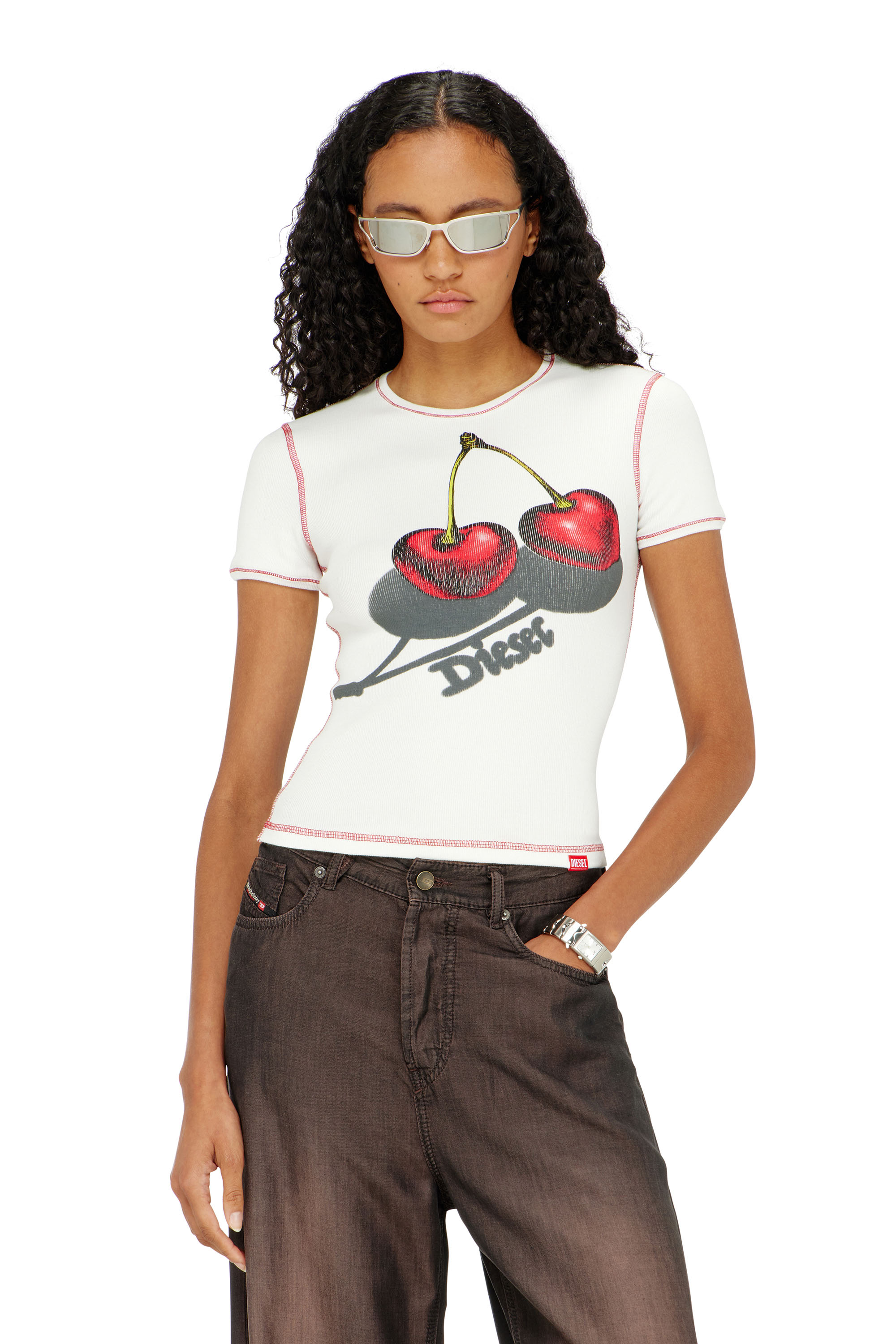 Diesel - SV-T-ELE-CHER, Female's Slim cotton T-shirt with cherry print in ホワイト - 3