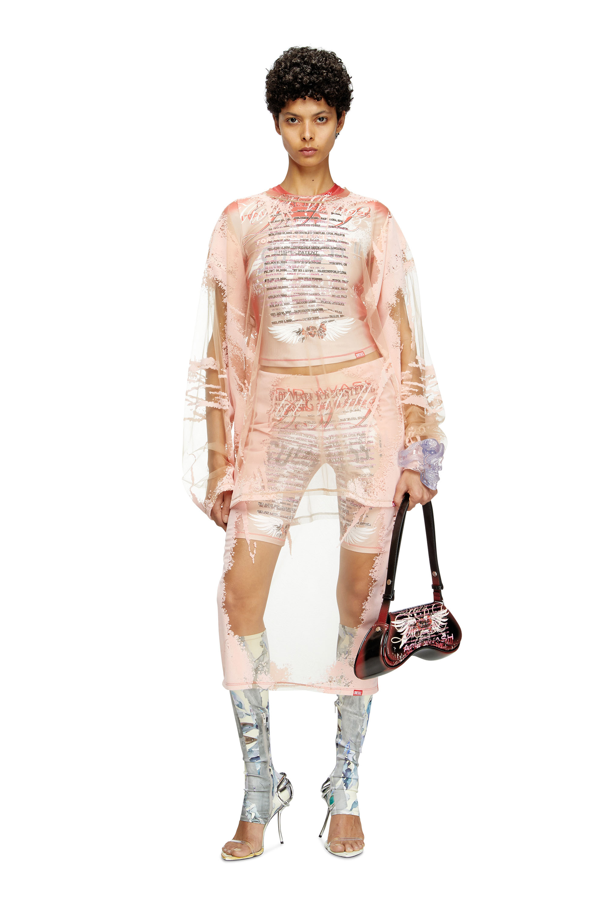 Diesel - T-HASSAN-LS-A, Unisex's Long-sleeve nylon T-shirt with lyrics print in ピンク / ホワイト - 7