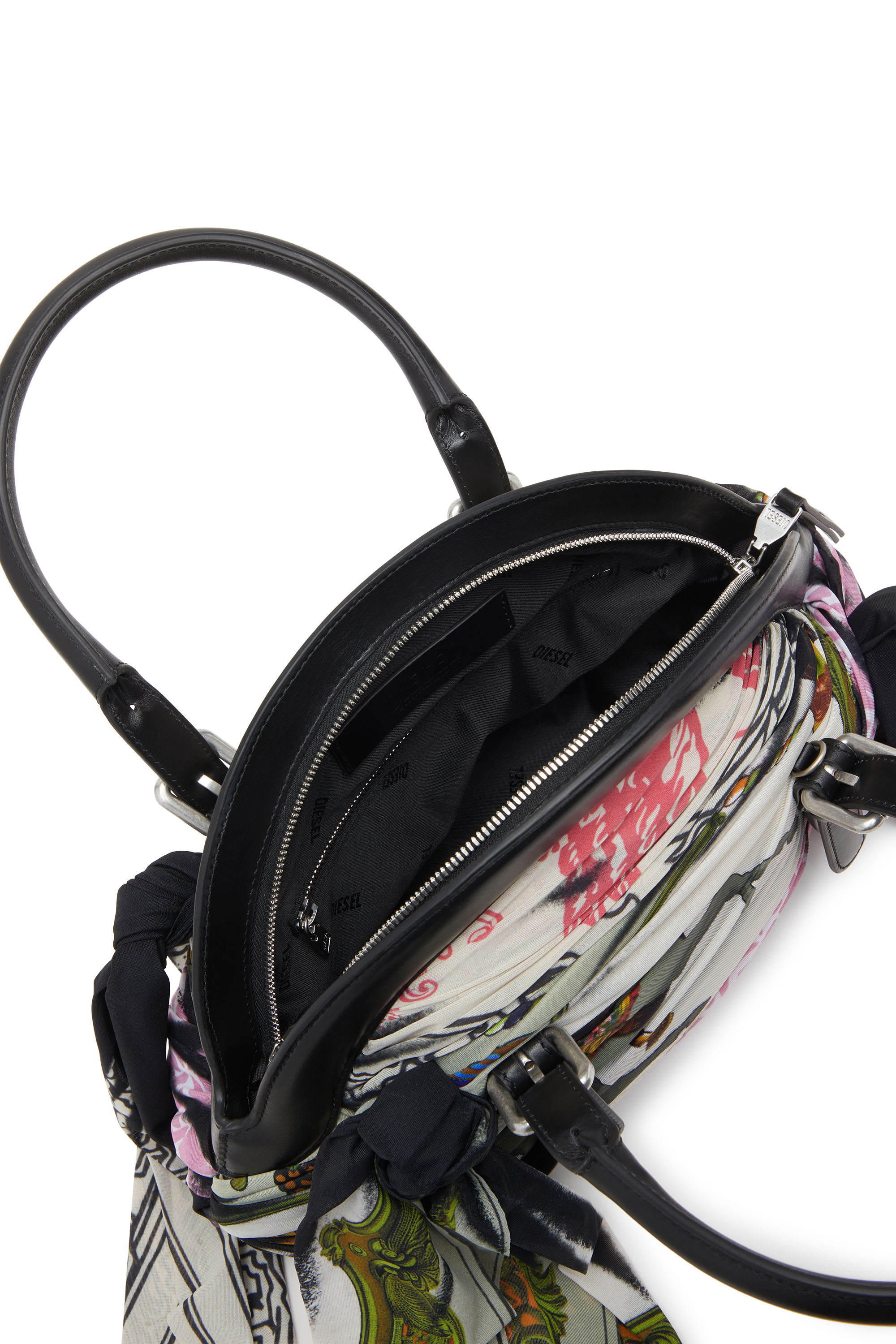 Diesel - TRASH-D TOP HANDLE, Female's Trash-D-Bandana handbag in leather and jersey in ブラック/ホワイト - 4