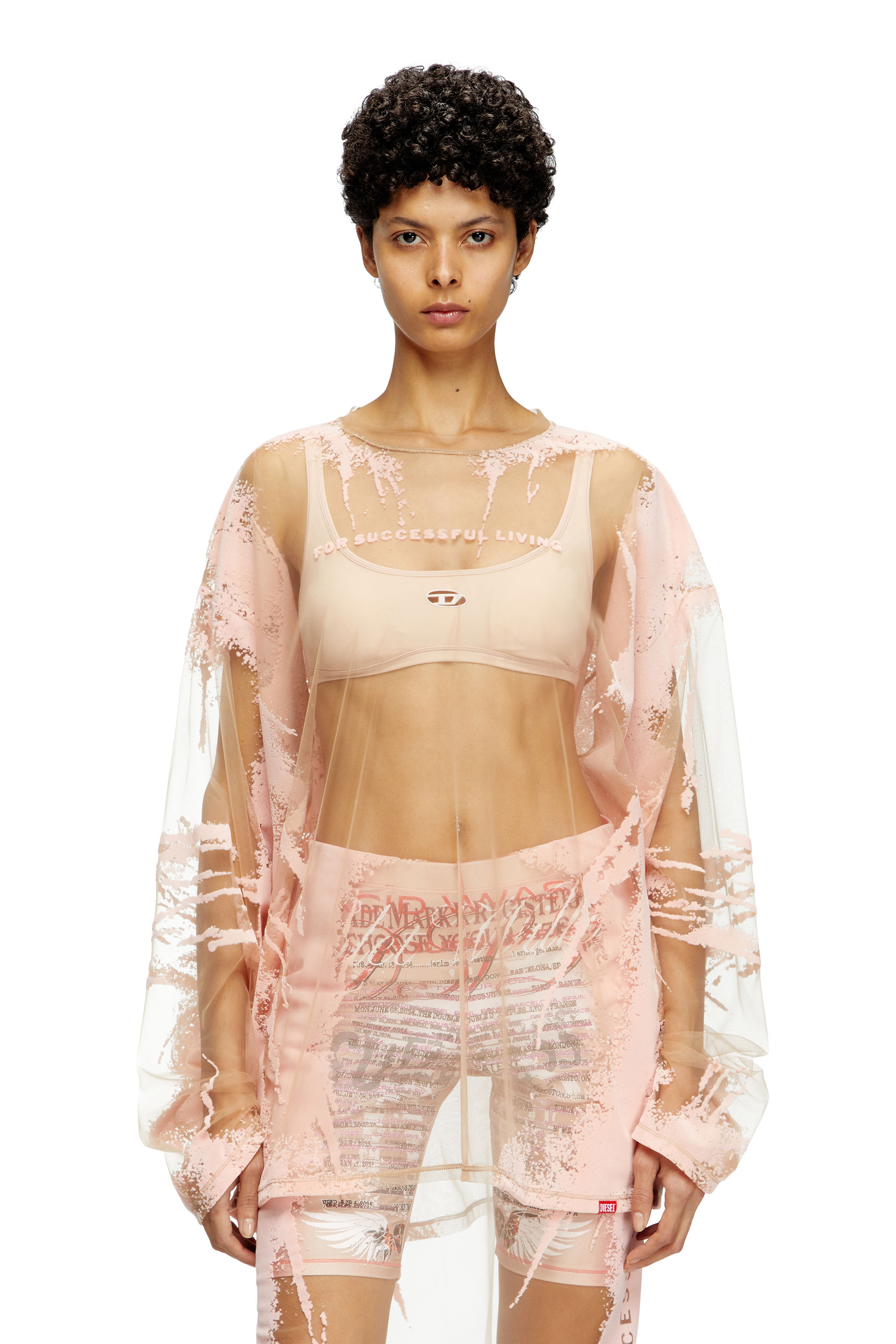 Diesel - T-HASSAN-LS-A, Unisex's Long-sleeve nylon T-shirt with lyrics print in ピンク / ホワイト - 6