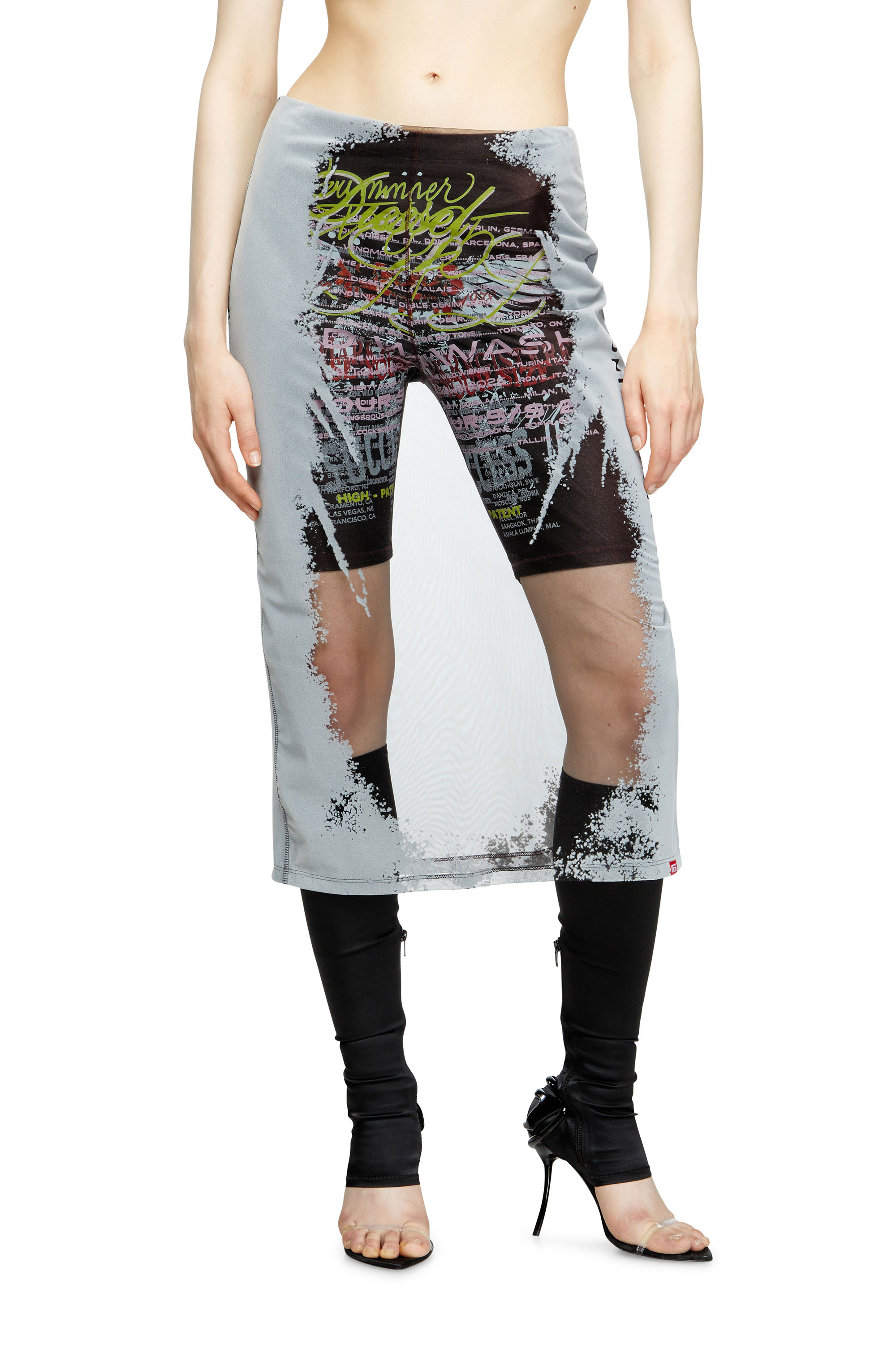 Diesel - O-LYAC, Female's Layered midi skirt with lyrics print in ブラック/グレー - 3