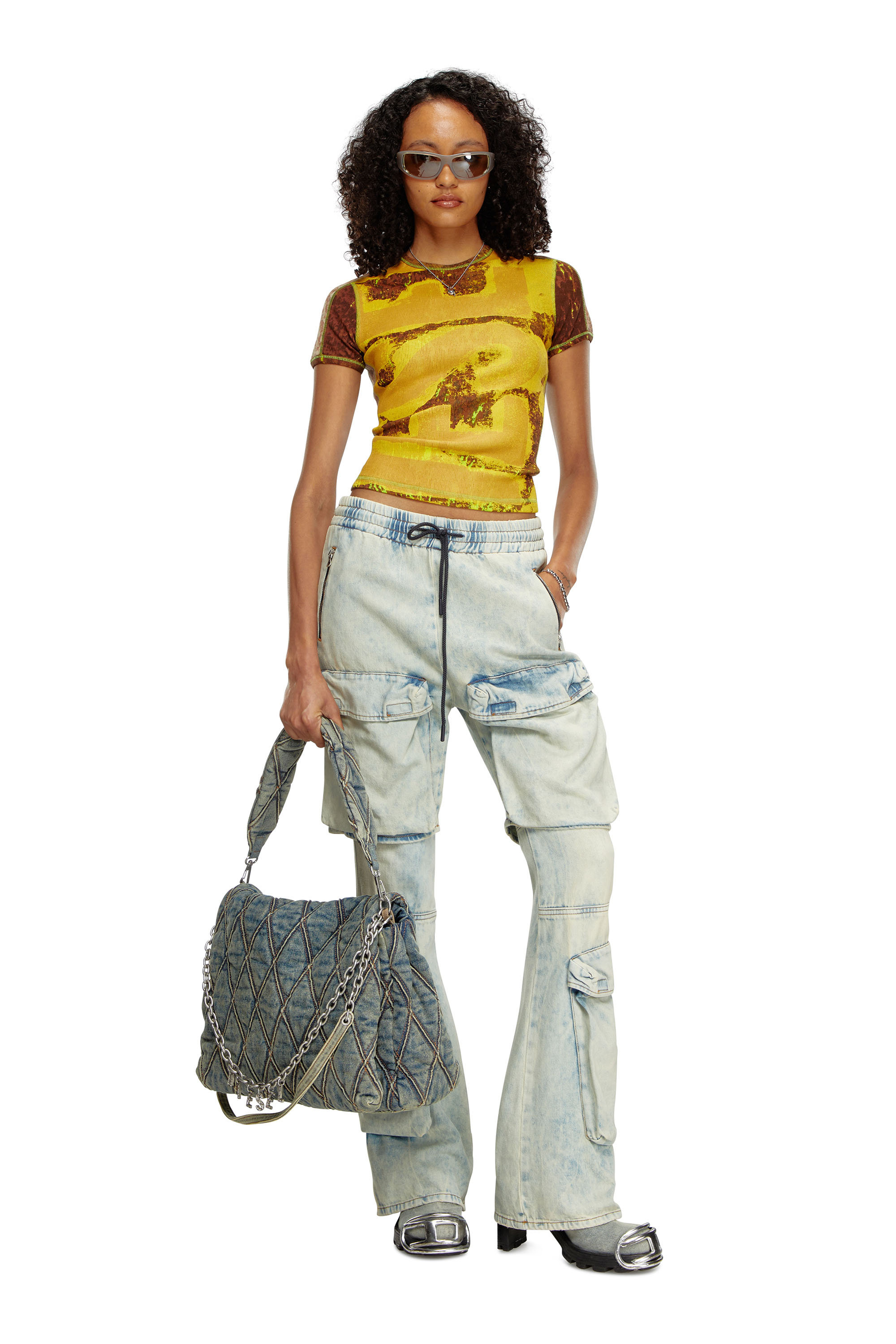 Diesel - T-ELE-LONG-P5, Female's Ribbed T-shirt with abstract print in ブラウン/イエロー - 2