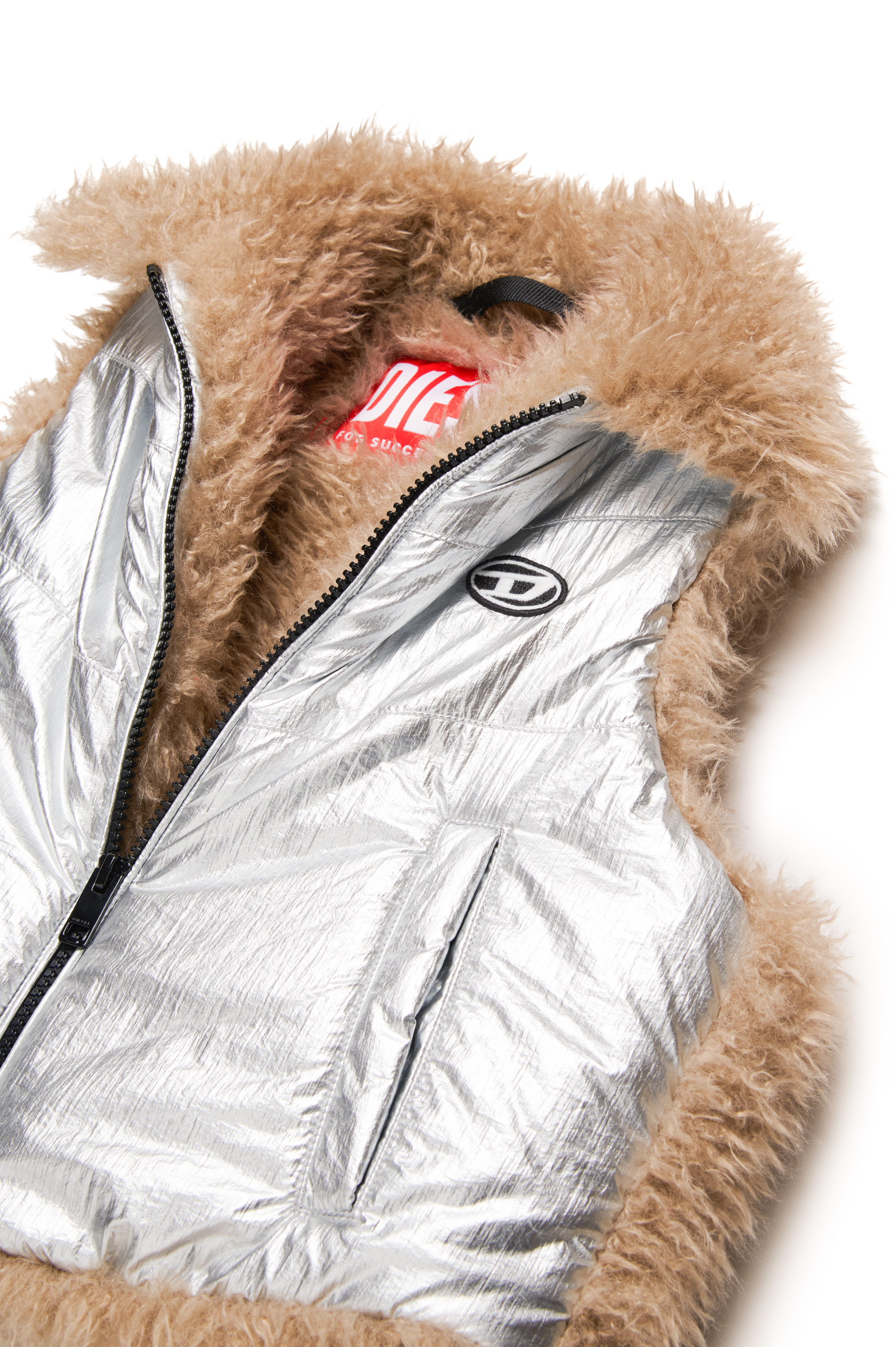 Diesel - JWEFIA, Female's Metallic vest with shaggy lining in シルバー - 3