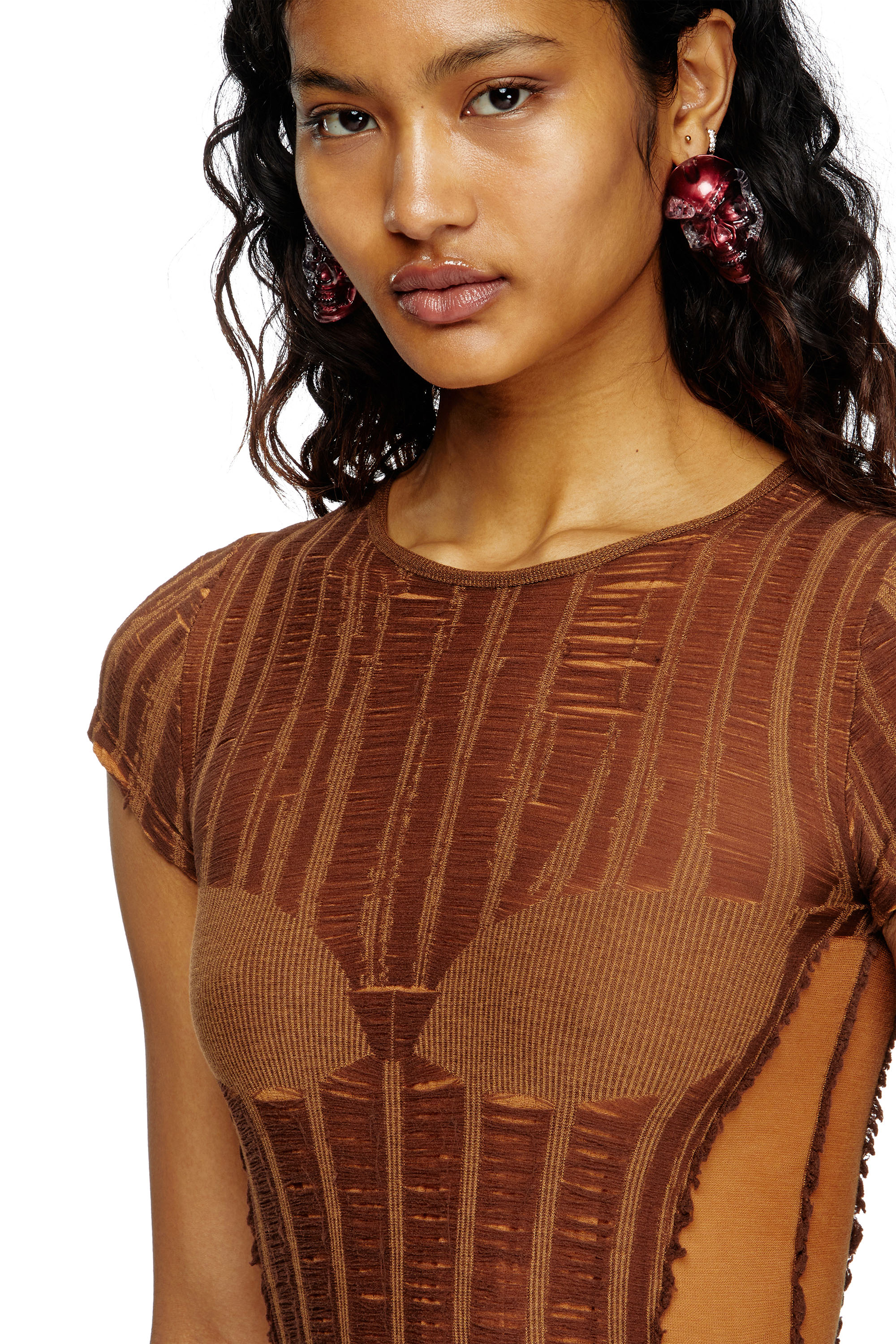 Diesel - M-CALAI-SS, Female's Seamless T-shirt with lingerie illusion in ブラウン - 5