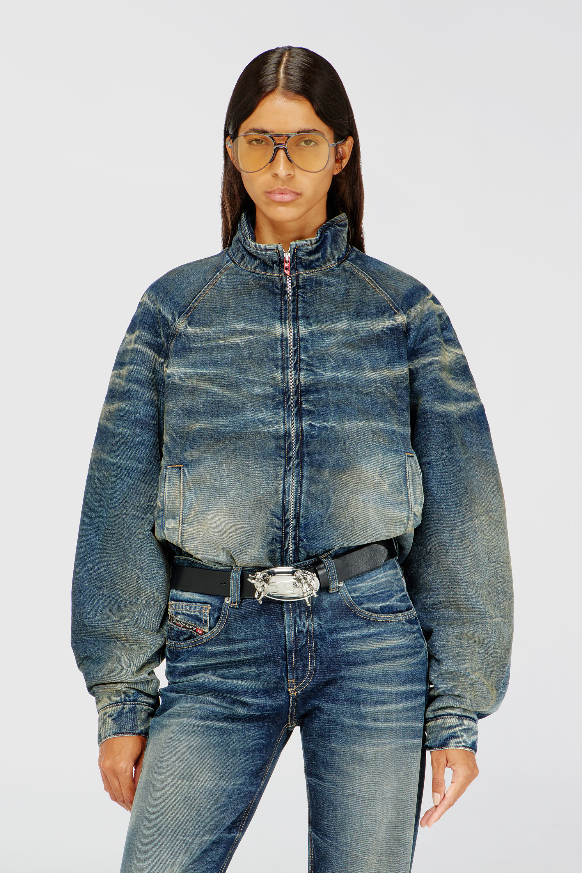 Diesel - DE-BARUS-FSJ1, Female's Padded jacket in dirty-effect creased denim in ミディアムブルー - 1