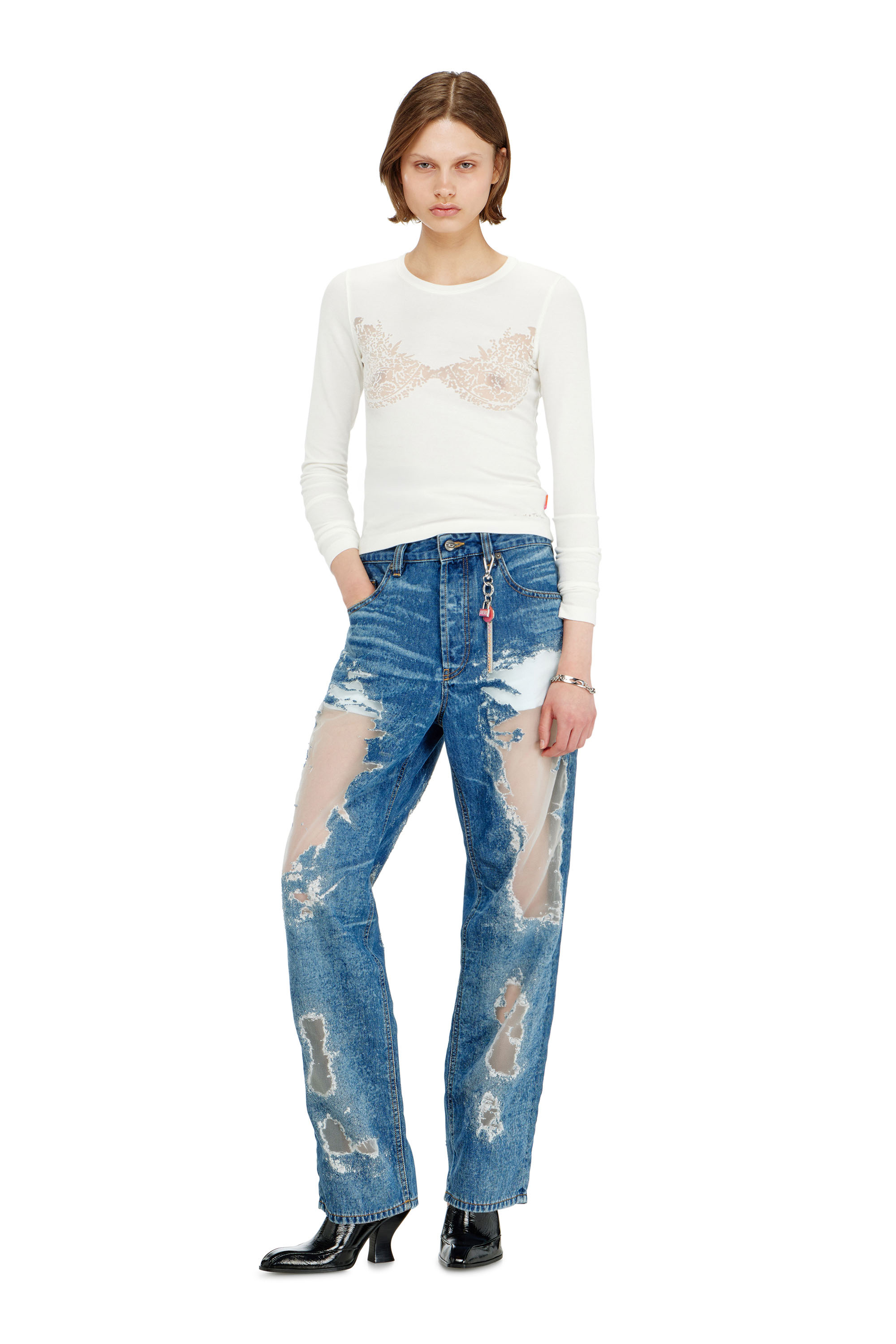Diesel - PR-T-MOKKI-LS-R, Female's Tank top with devor&eacute; lace effect in ホワイト - 1