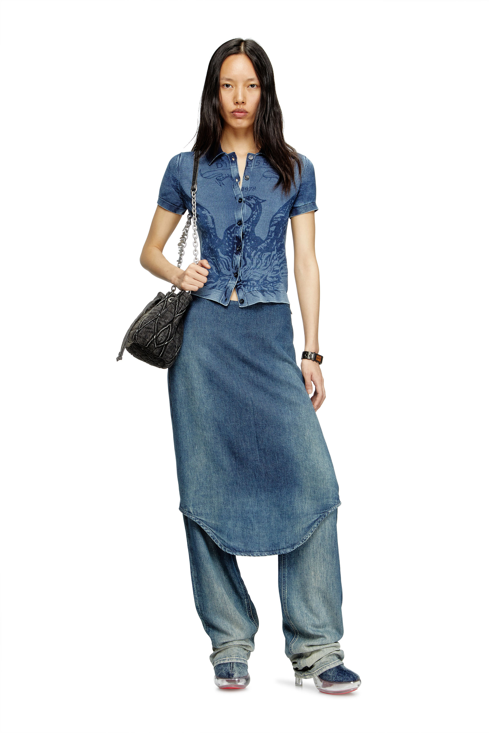 Diesel - M-FENNY, Female's Indigo shirt-cardigan with Phoenix logo in ミディアムブルー - 2