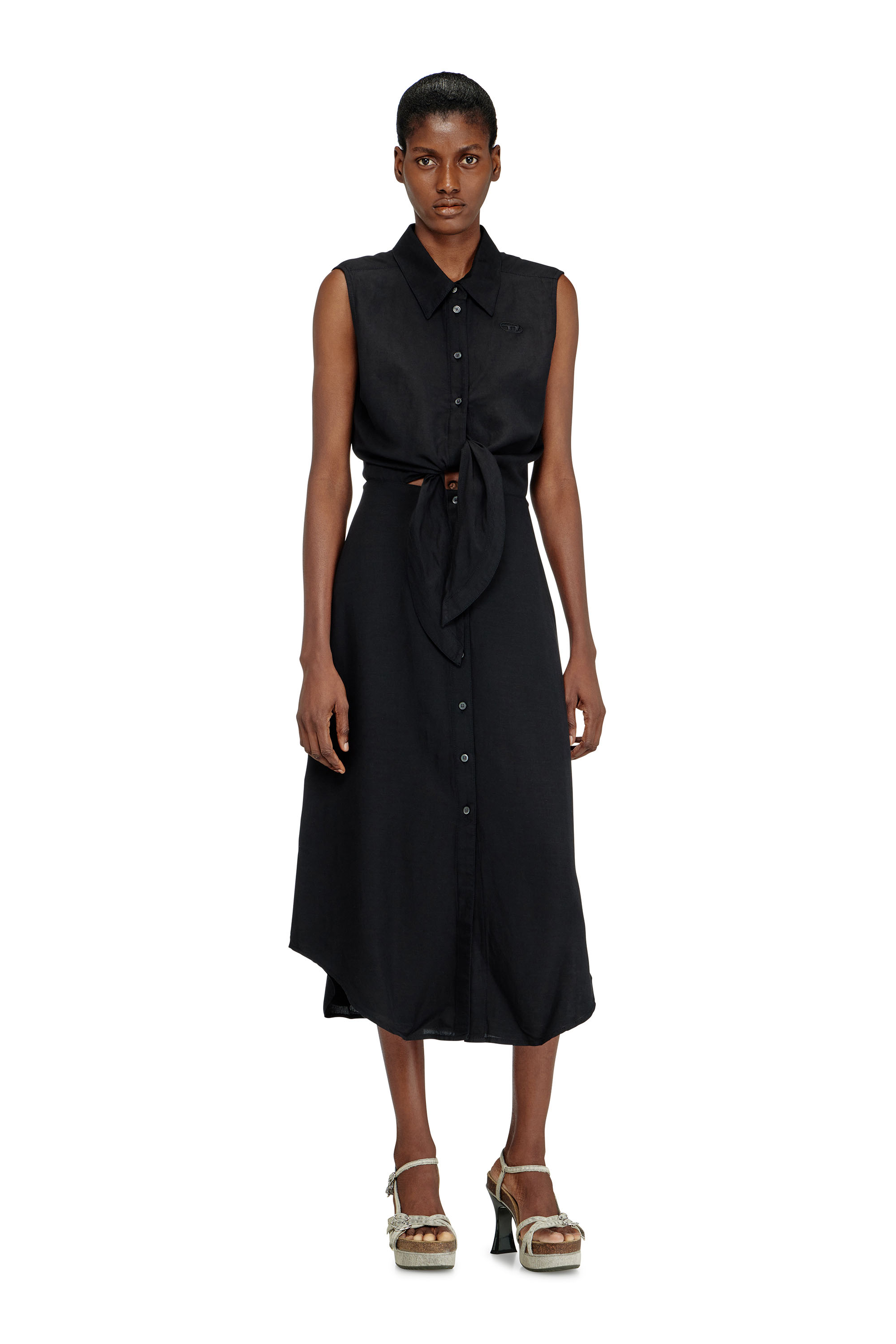 Diesel - D-ELTA-SL, Female's Linen-blend midi dress with knot detail in ブラック - 3