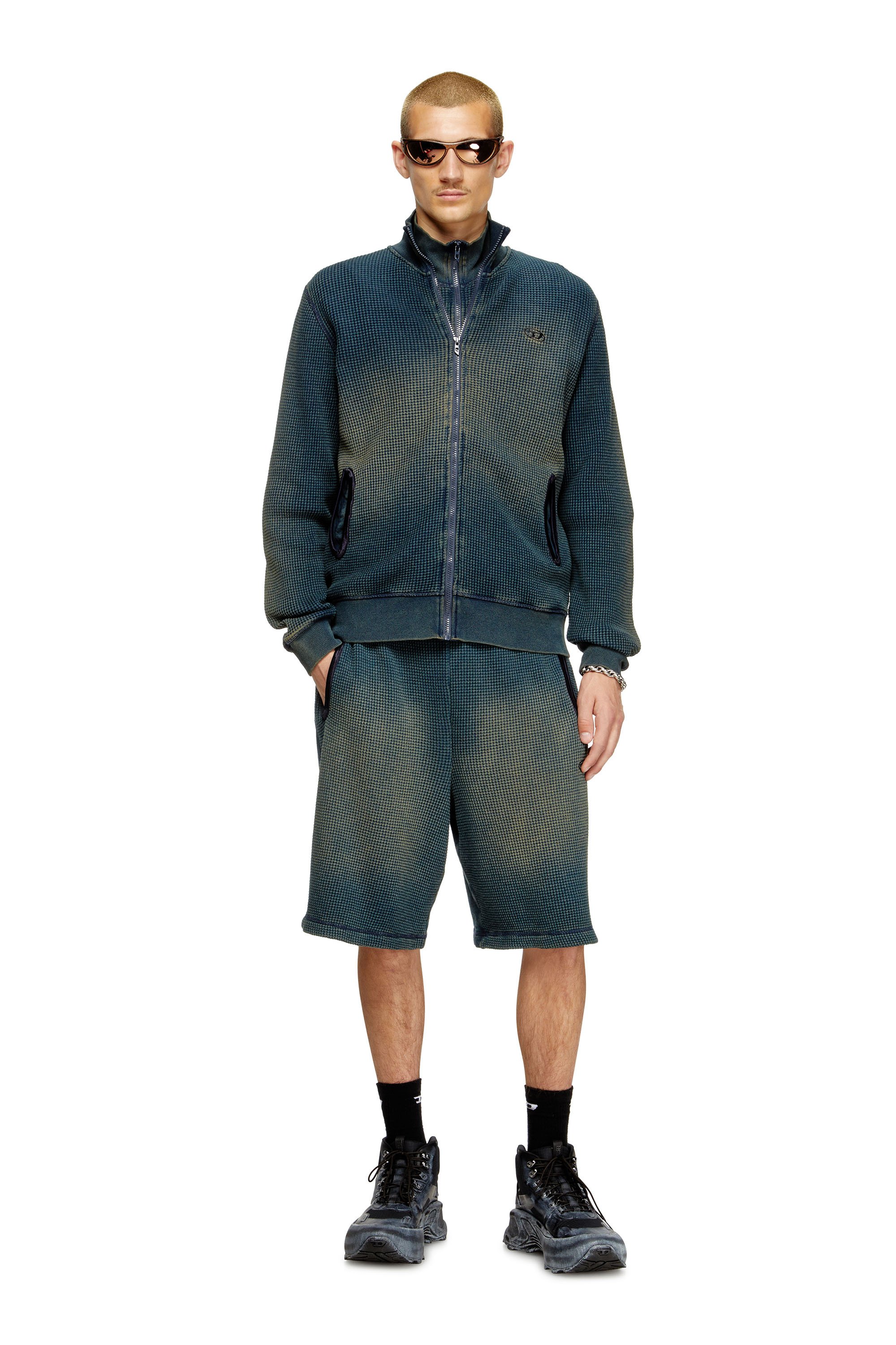 Diesel - S-WAFY-ZIP, Male's Waffle and jersey zip-up sweatshirt in ダークブルー - 2