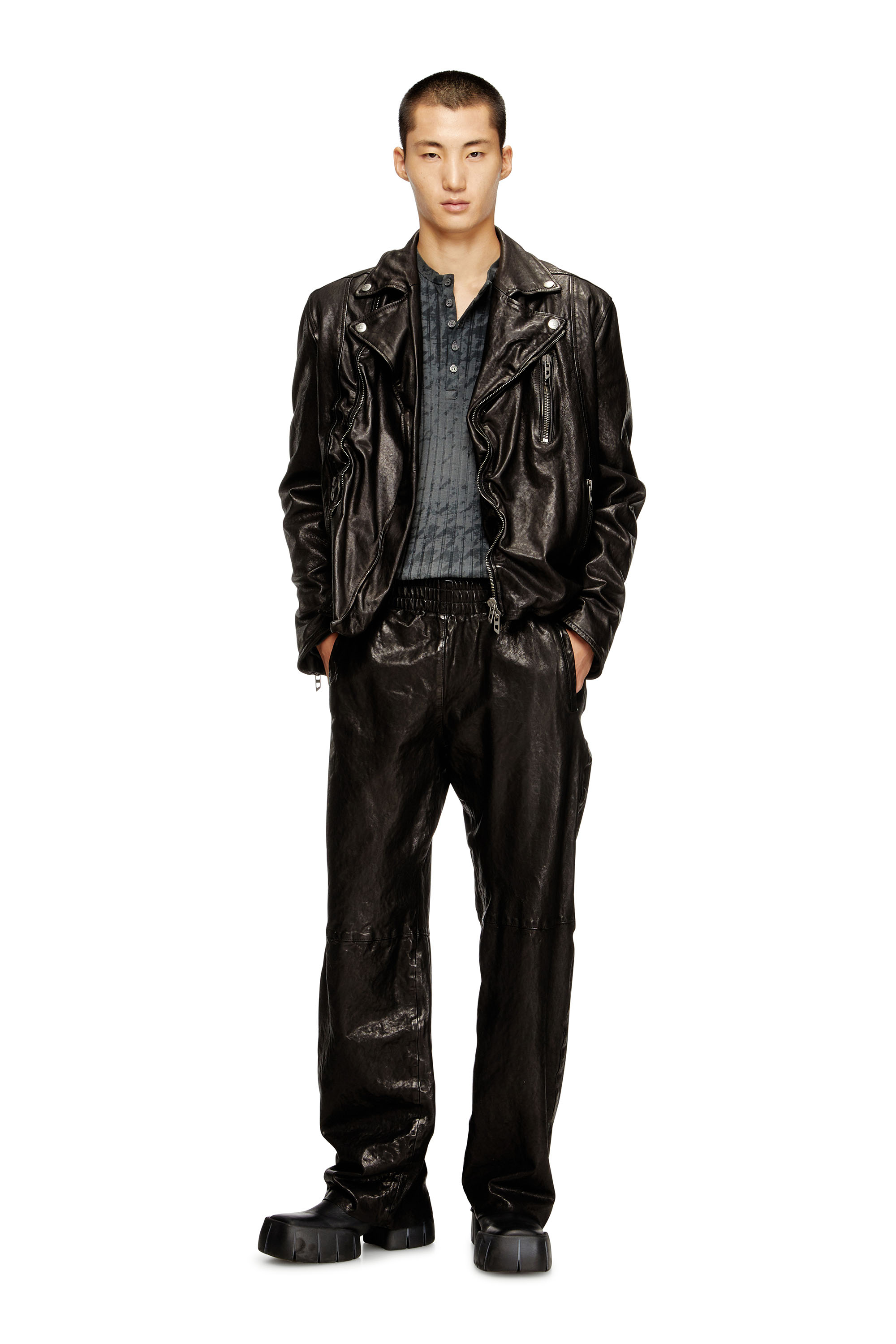 Diesel - T-ALLY-PIE, Male's Ribbed Henley top with houndstooth motif in ブラック - 1