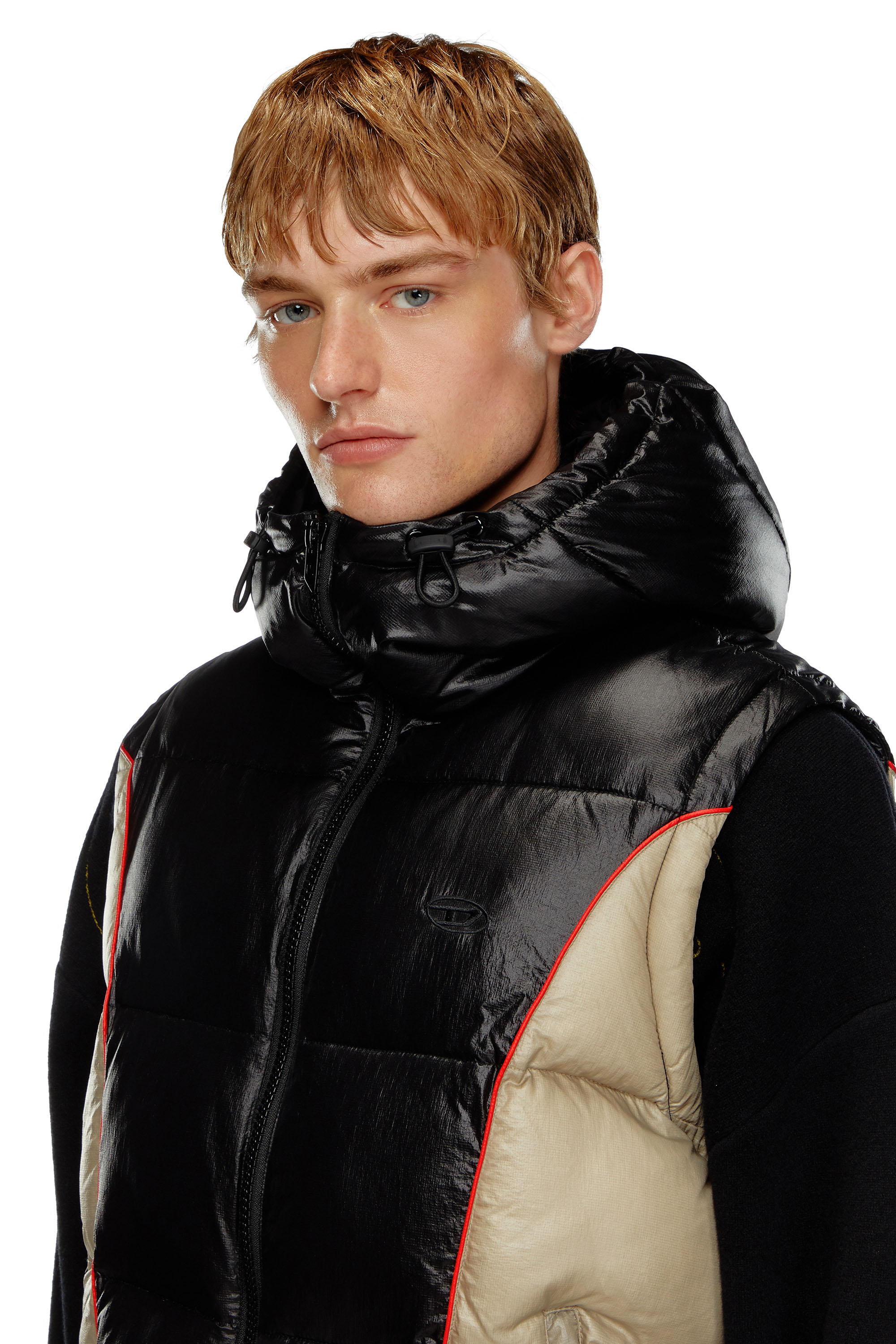 Diesel - W-OSTEND-SL, Male's Hooded puffer vest in shiny ripstop in ブラック/ベージュ - 4