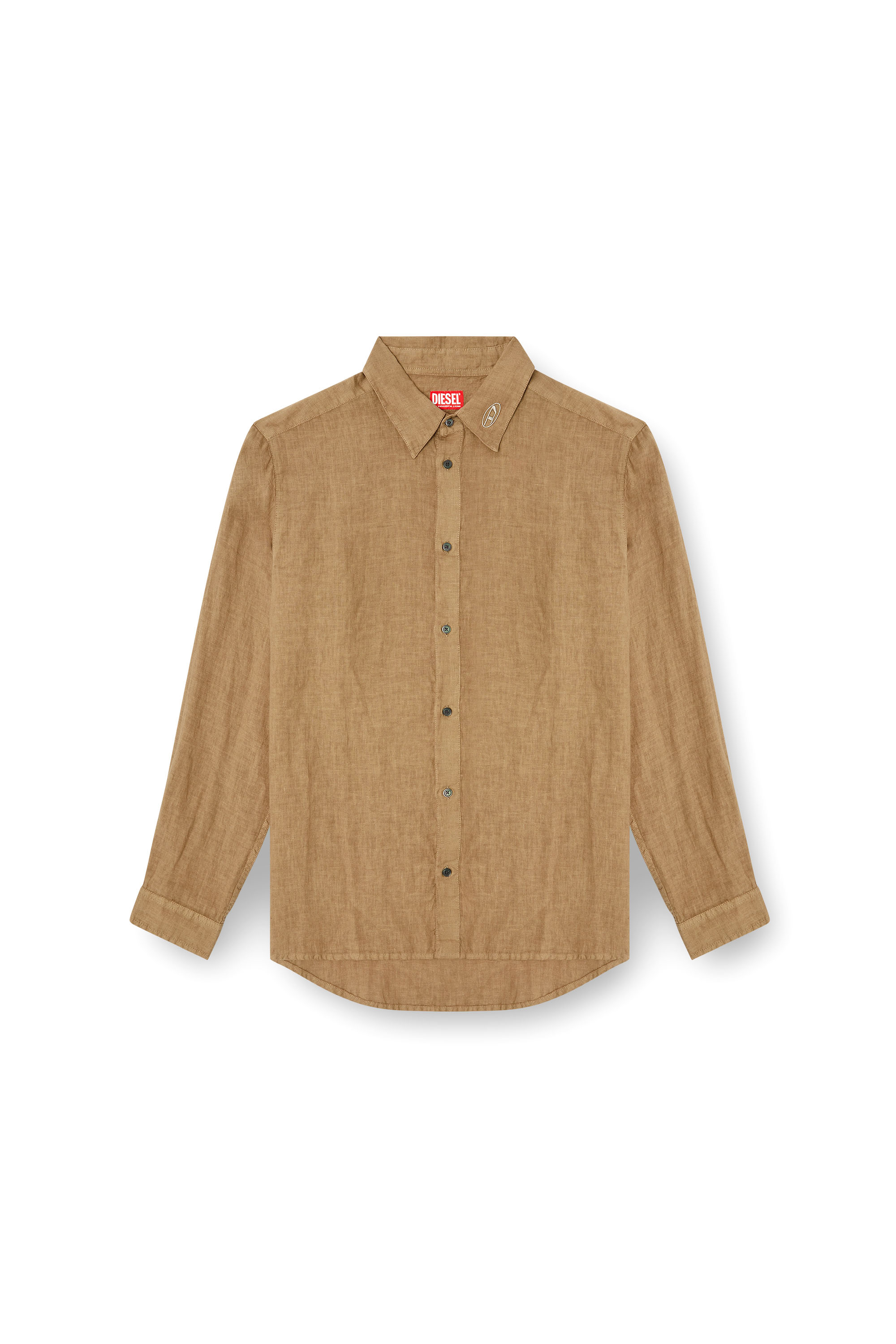 Diesel - S-WERP, Male's Linen shirt with logo collar in ブラウン - 3