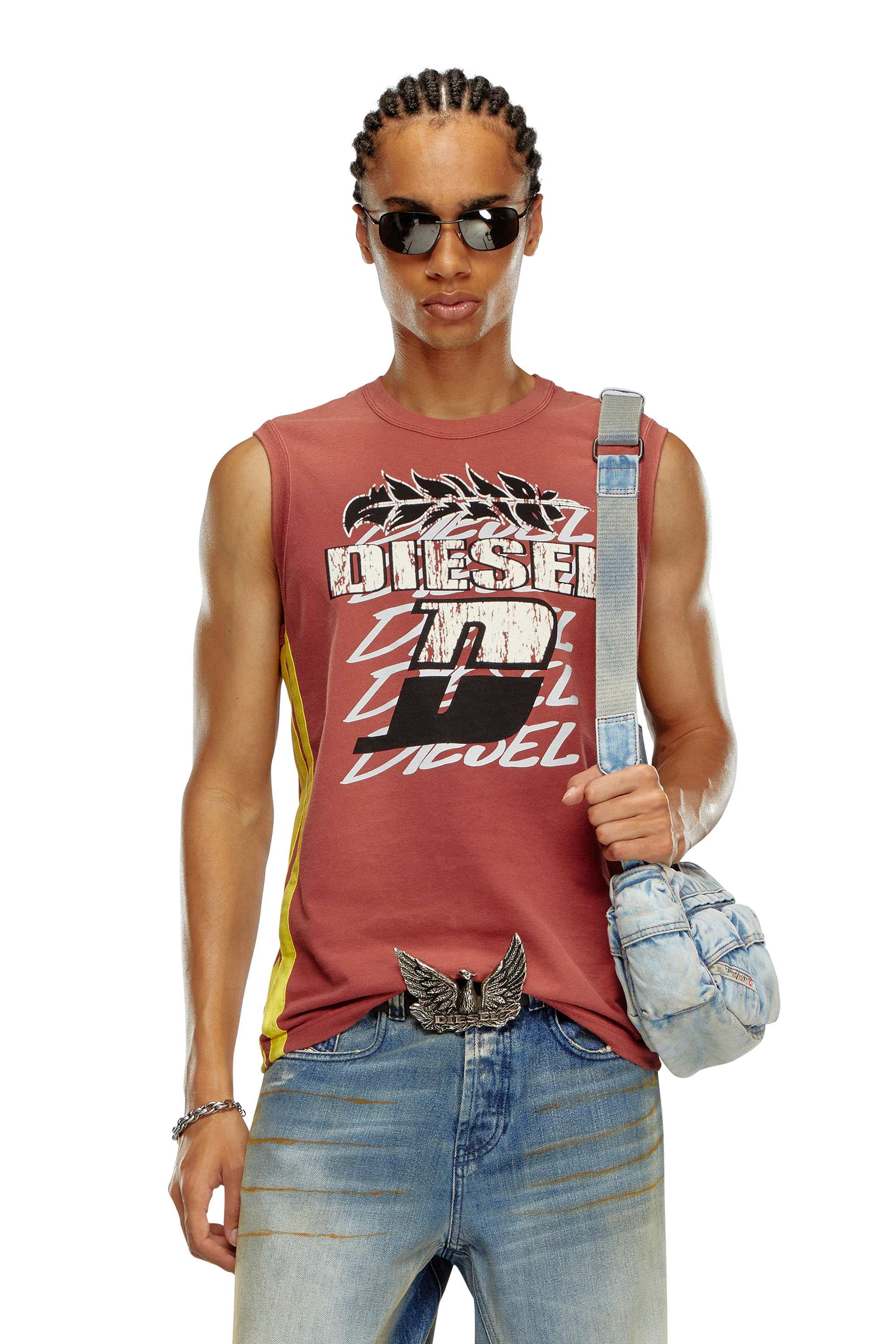 Diesel - T-BISCO-STRIPE, Male's Sun-faded tank top with side bands in レッド - 1
