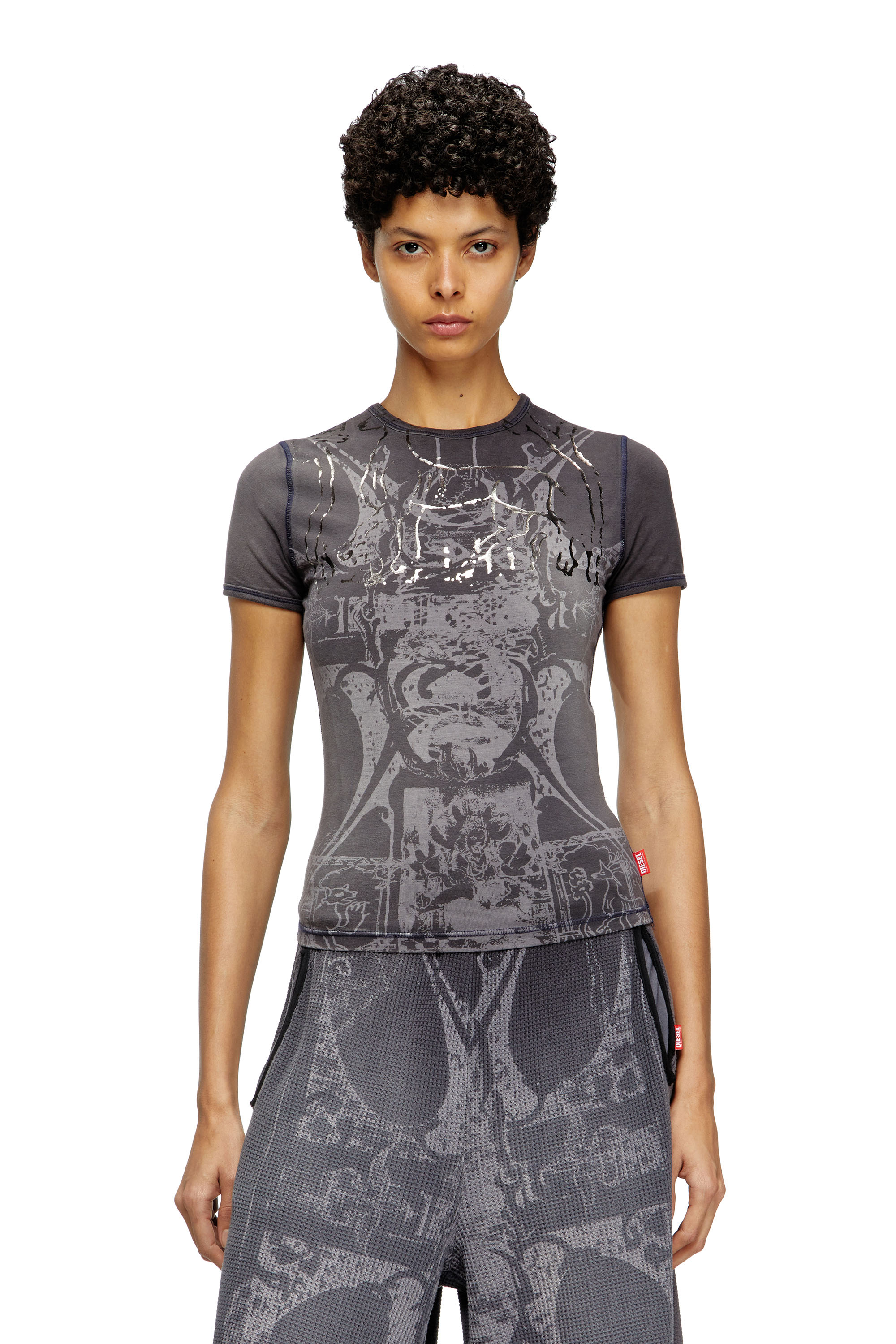 Diesel - T-UNCUTIES-LONG-R6, Female's T-shirt with foil print in ブラック - 1