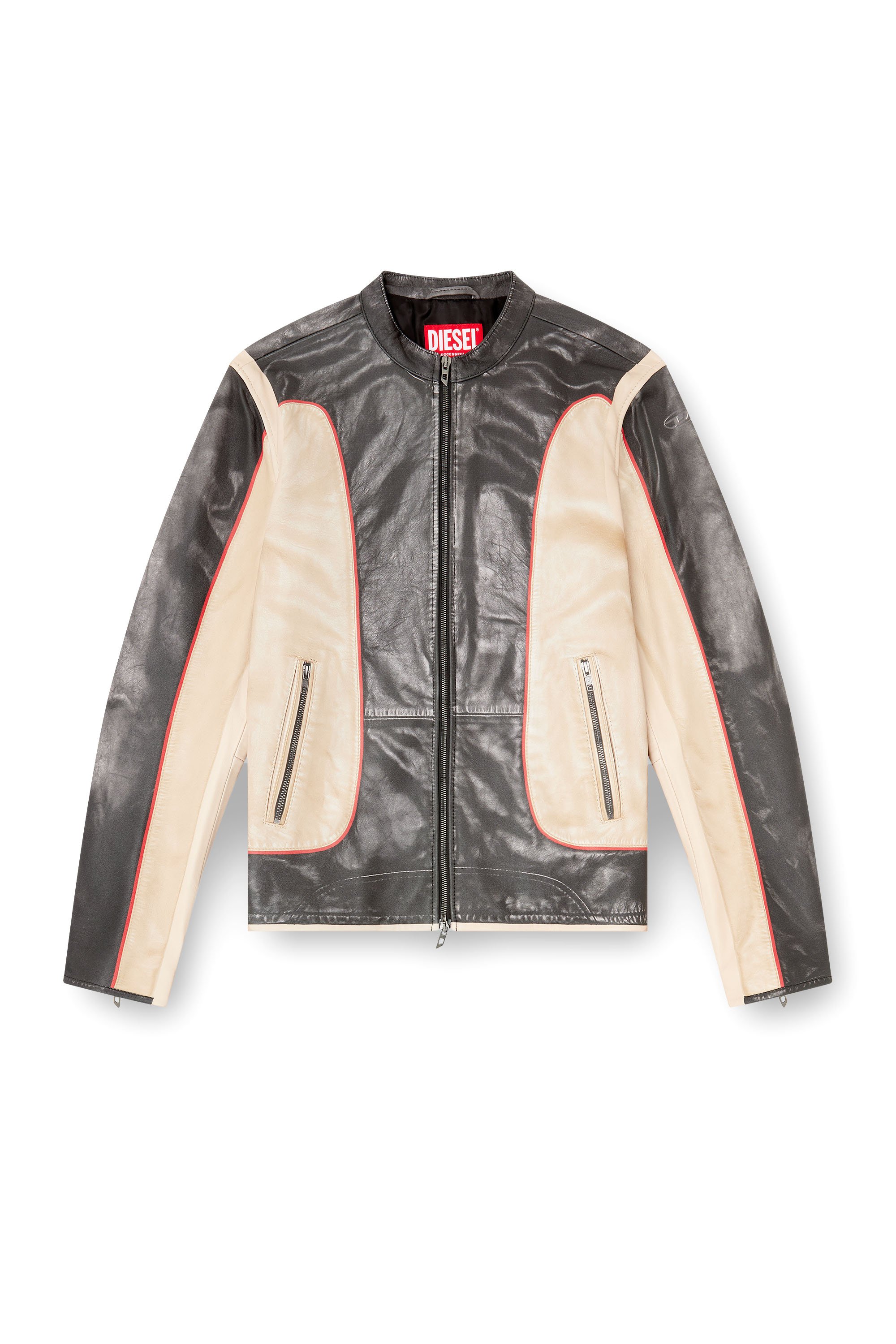 Diesel - L-EVERT, Male's Trompe l'oeil-effect leather biker jacket in ベージュ/ブラック - 3