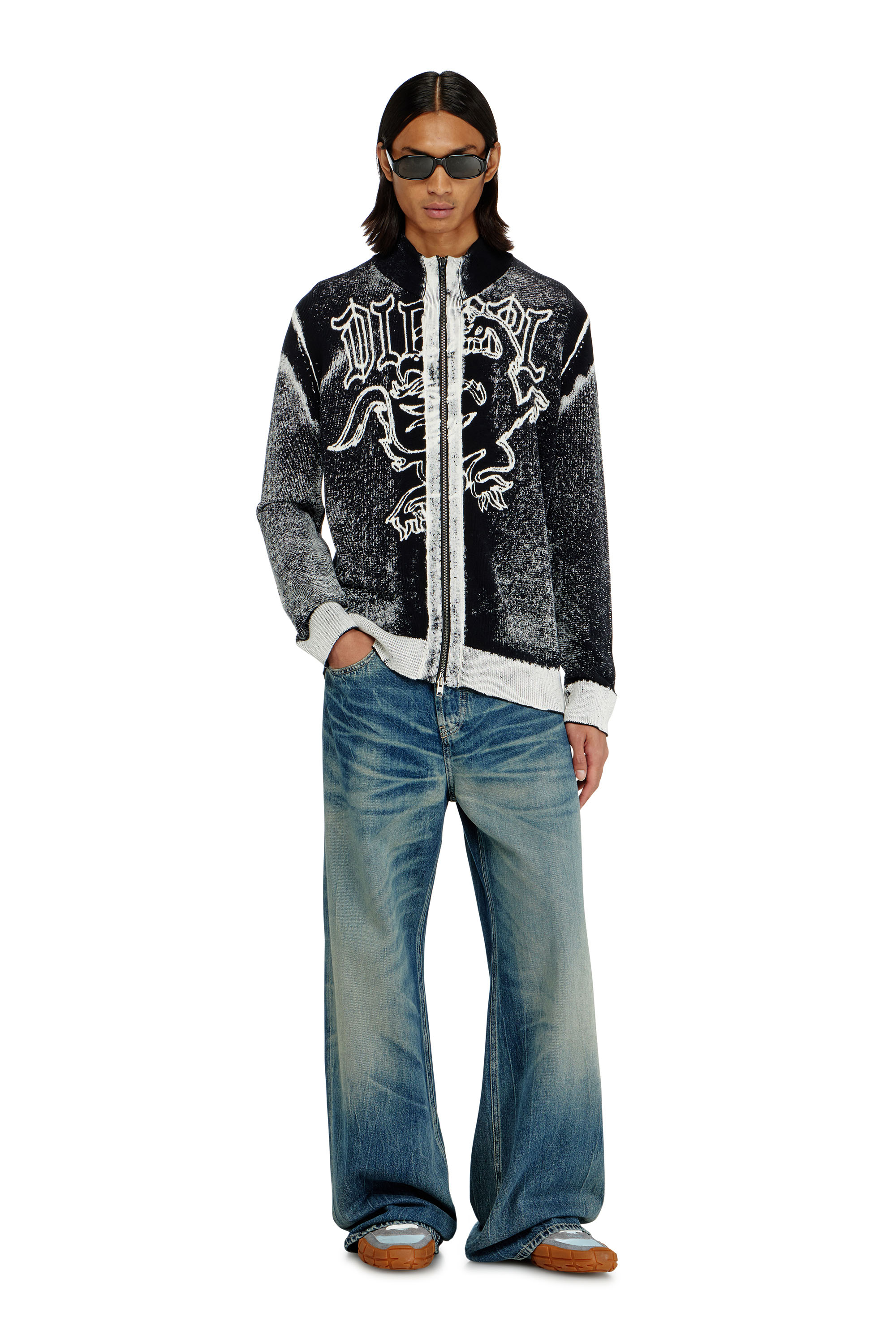 Diesel - K-LAUROS, Male's ジップアップカーディガン in ブラック/ホワイト - 1