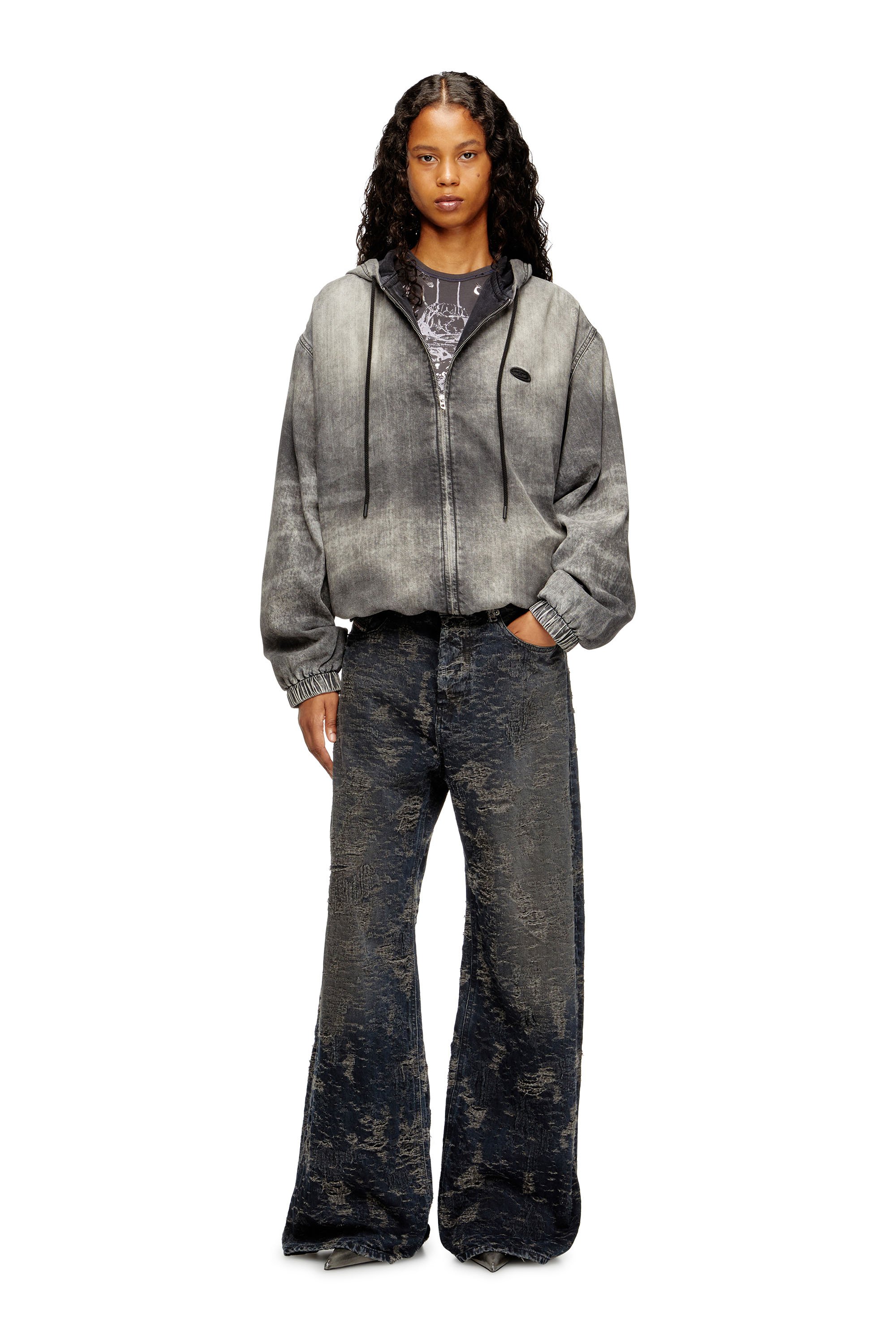 Diesel - D-OFFY-S, Unisex's Hooded jacket in marbled coated denim in ブラック/ダークグレー - 4