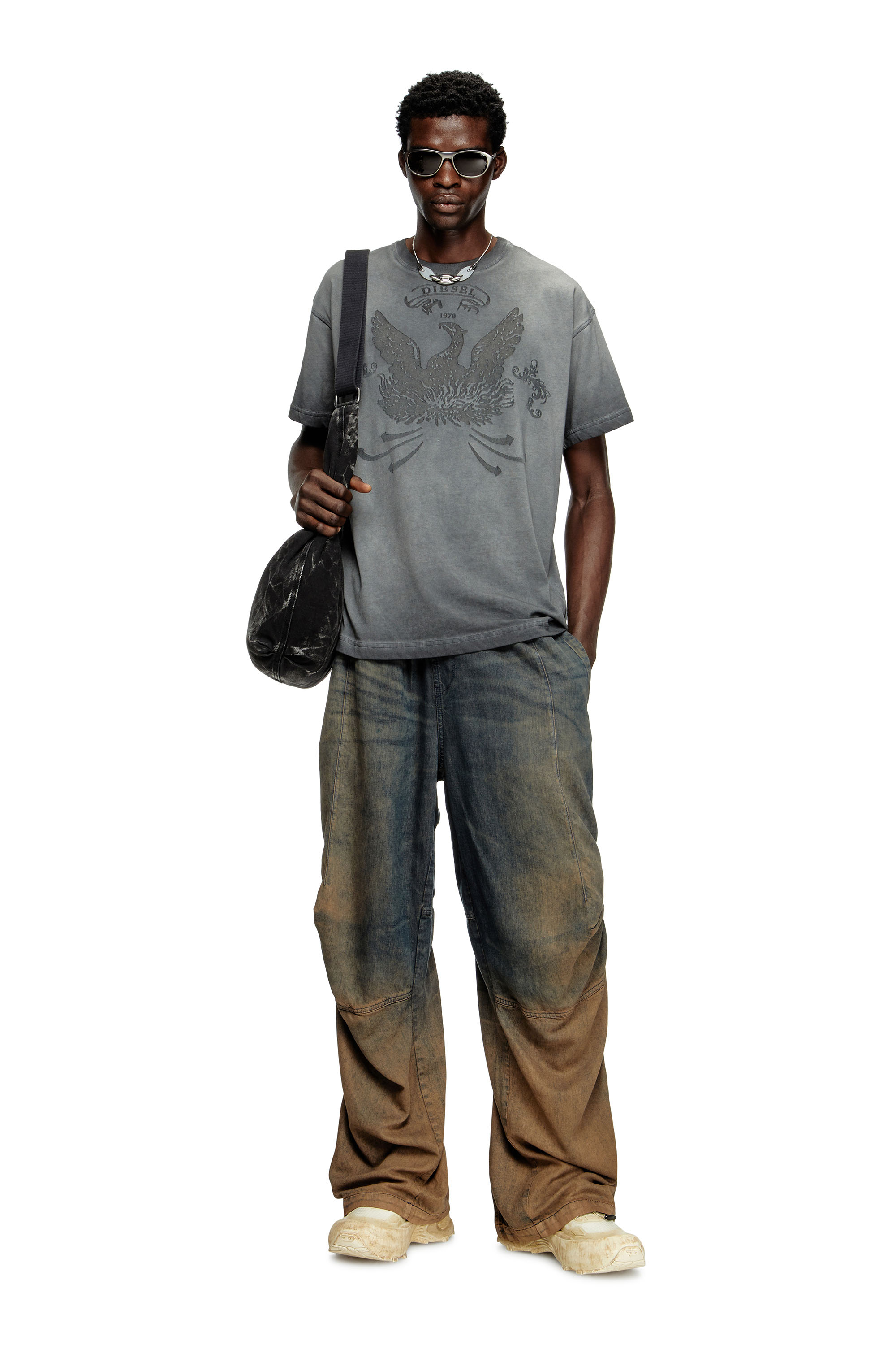 Diesel - T-NORM-T9, Male's T-shirt with phoenix devoré in グレー - 2