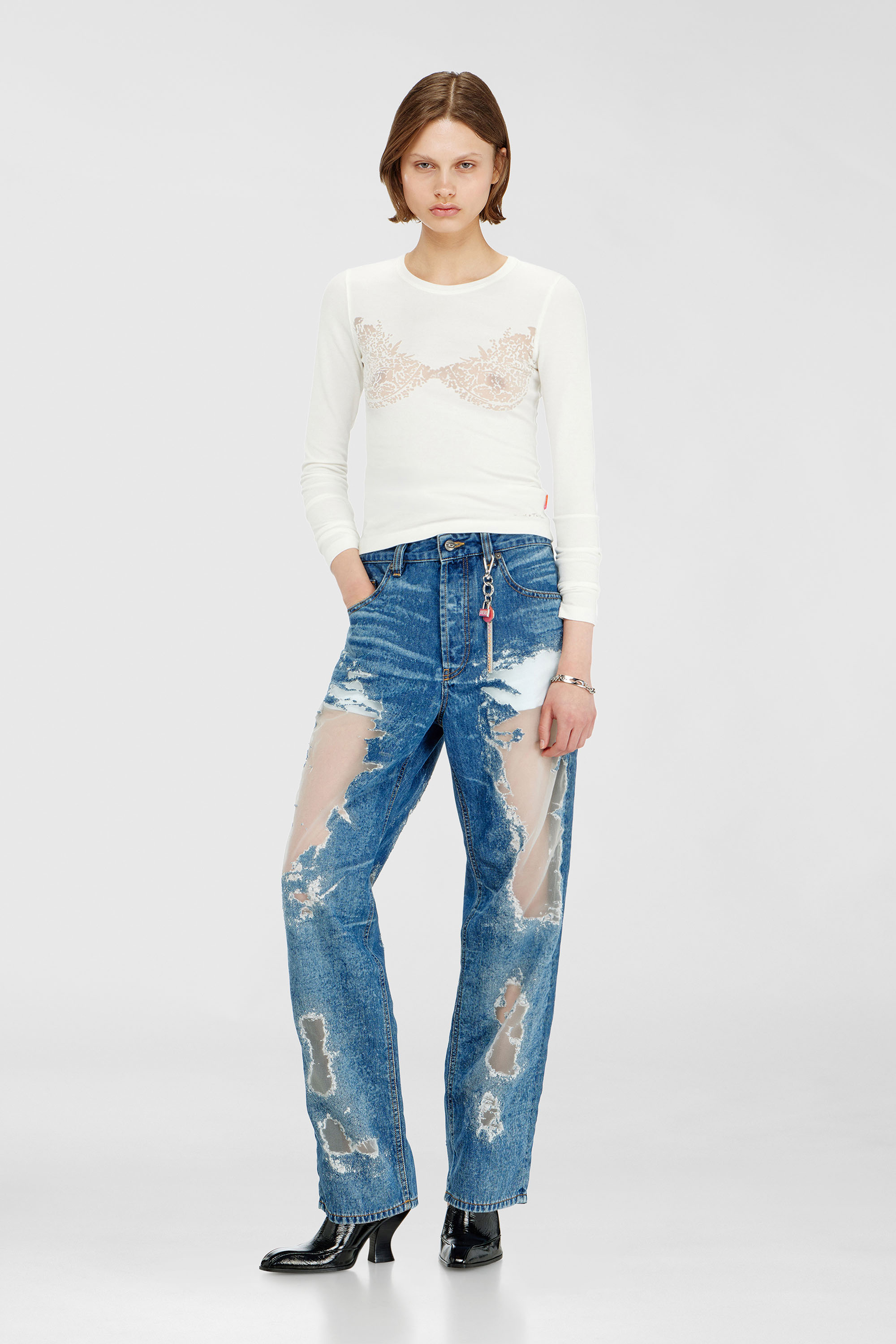 Diesel - PR-T-MOKKI-LS-R, Female's Top with devor&eacute; lace effect in ホワイト - 2