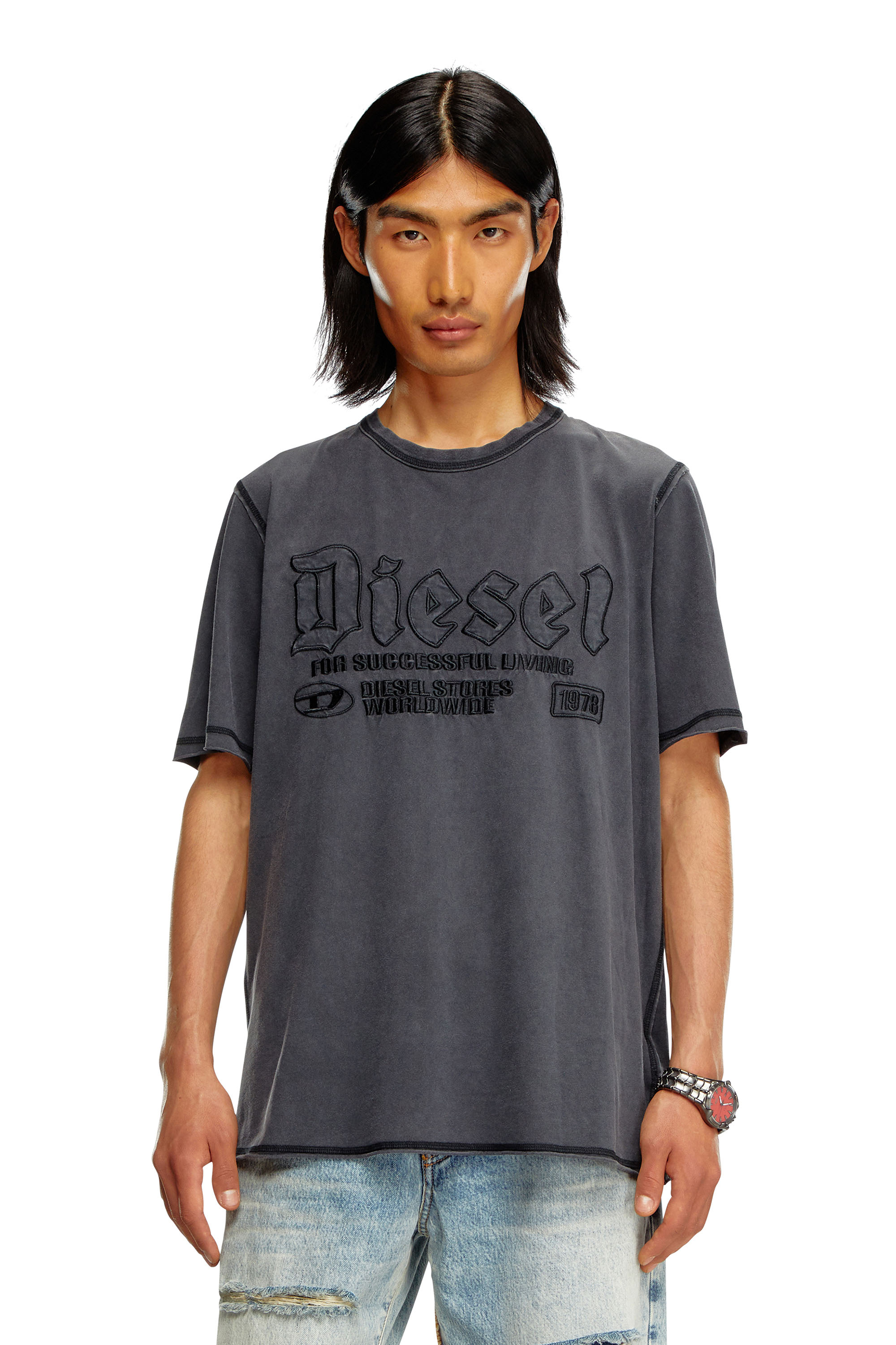 Diesel - T-RAWJUST, Male's Faded T-shirt with tonal embroidery in ブラック - 1