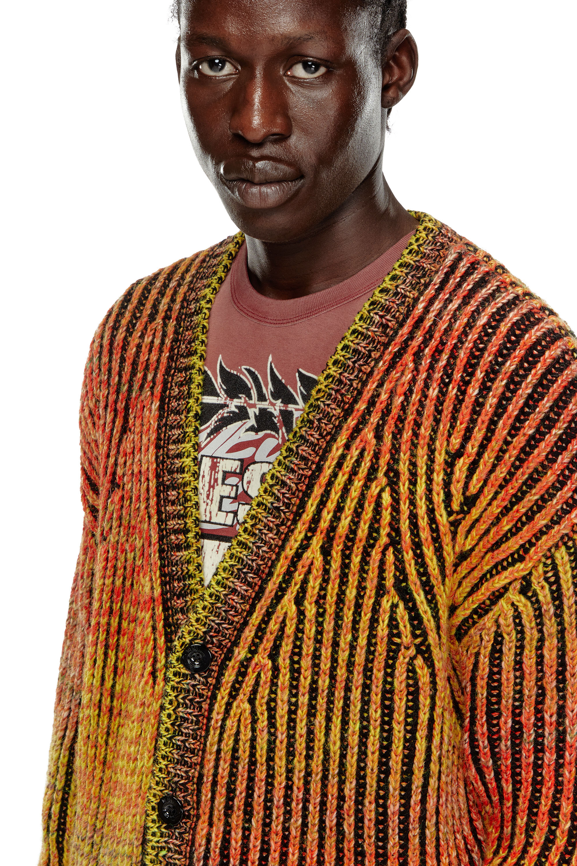 Diesel - K-OAKLAND-CR, Male's Striped ribbed cardigan in wool blend in オレンジ - 5