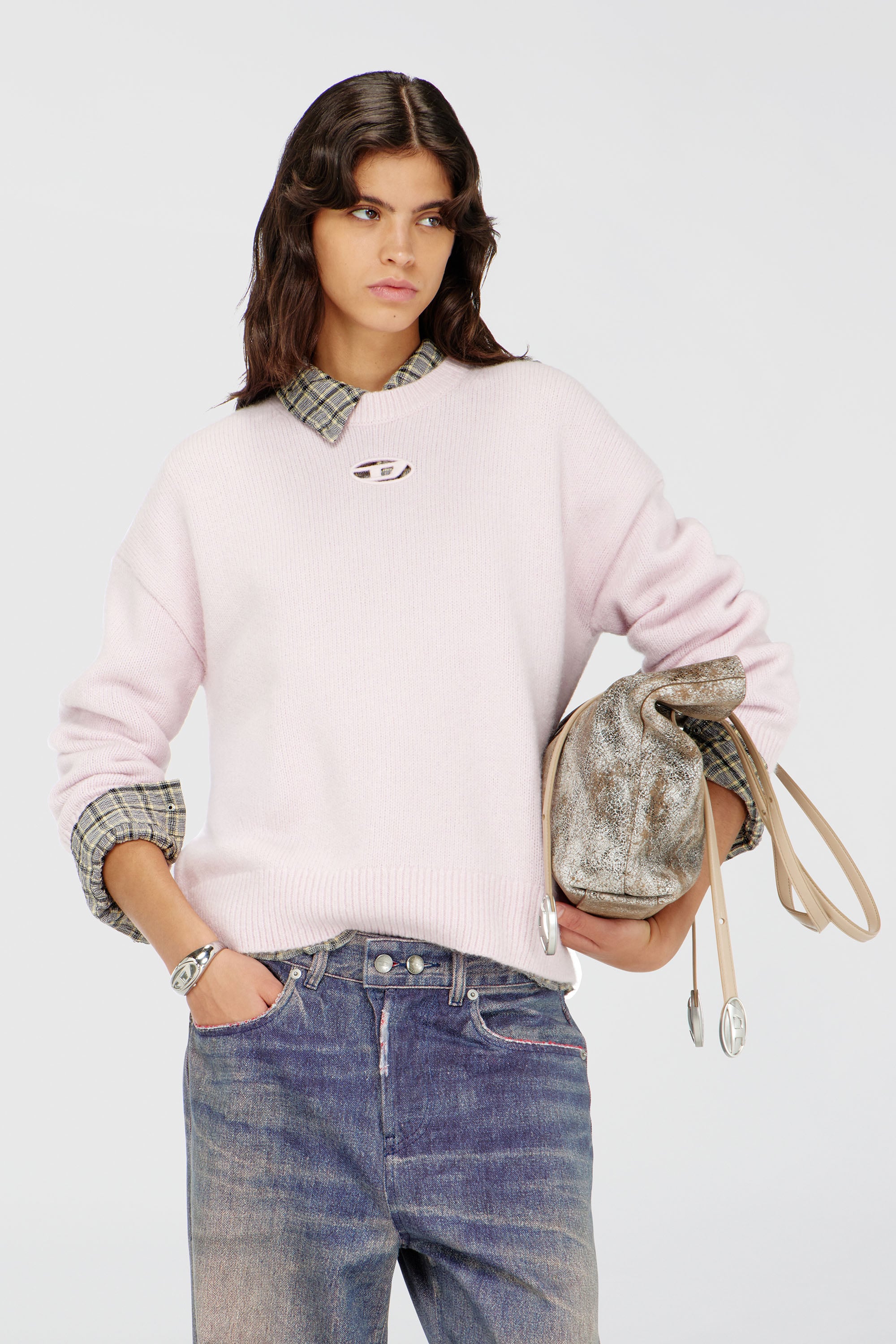 Diesel - M-AREETA, Female's プルオーバーニット in ピンク / ホワイト - 1