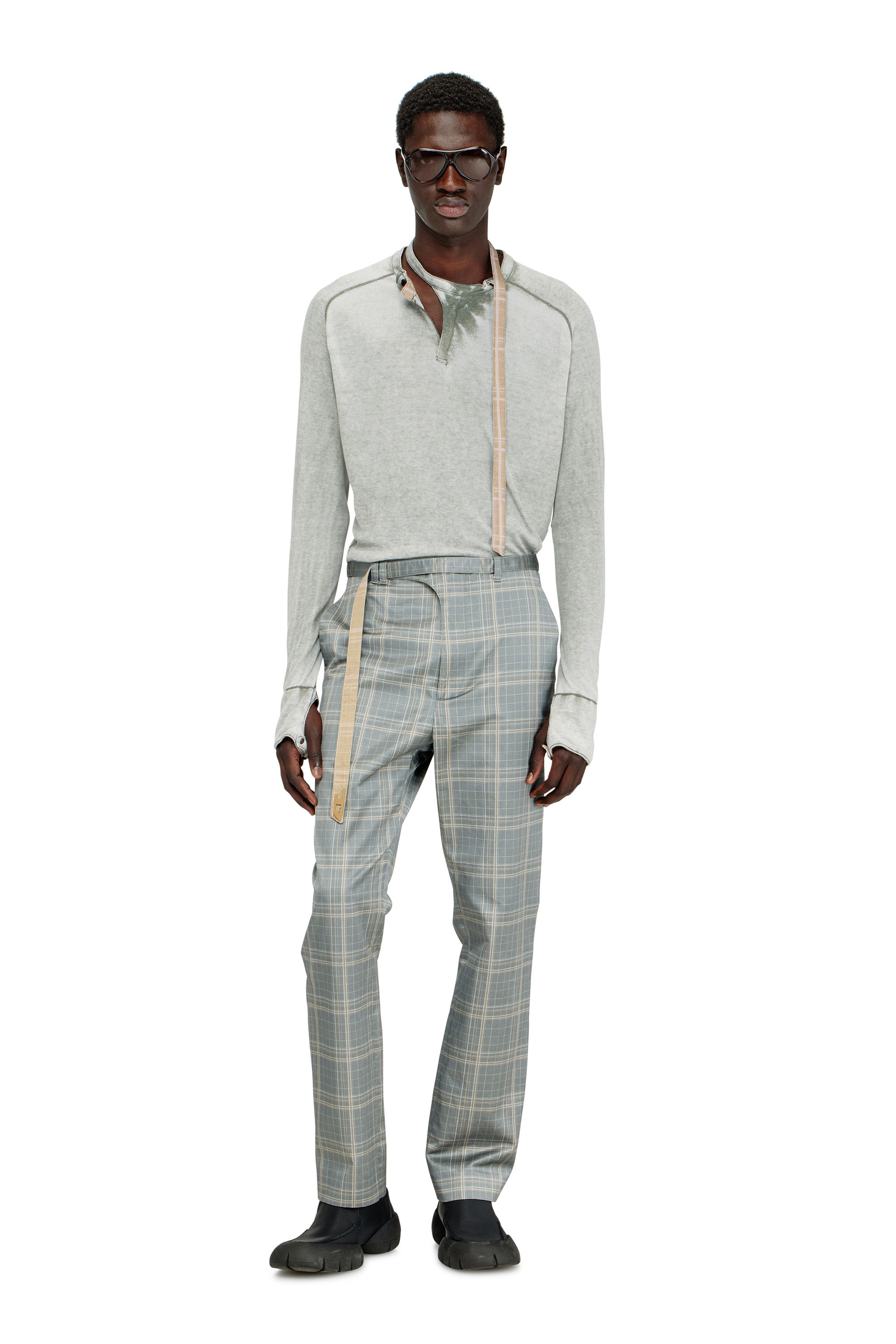 Diesel - T-GOHAN, Male's Rib-jersey top with biker neck strap in グレー - 2