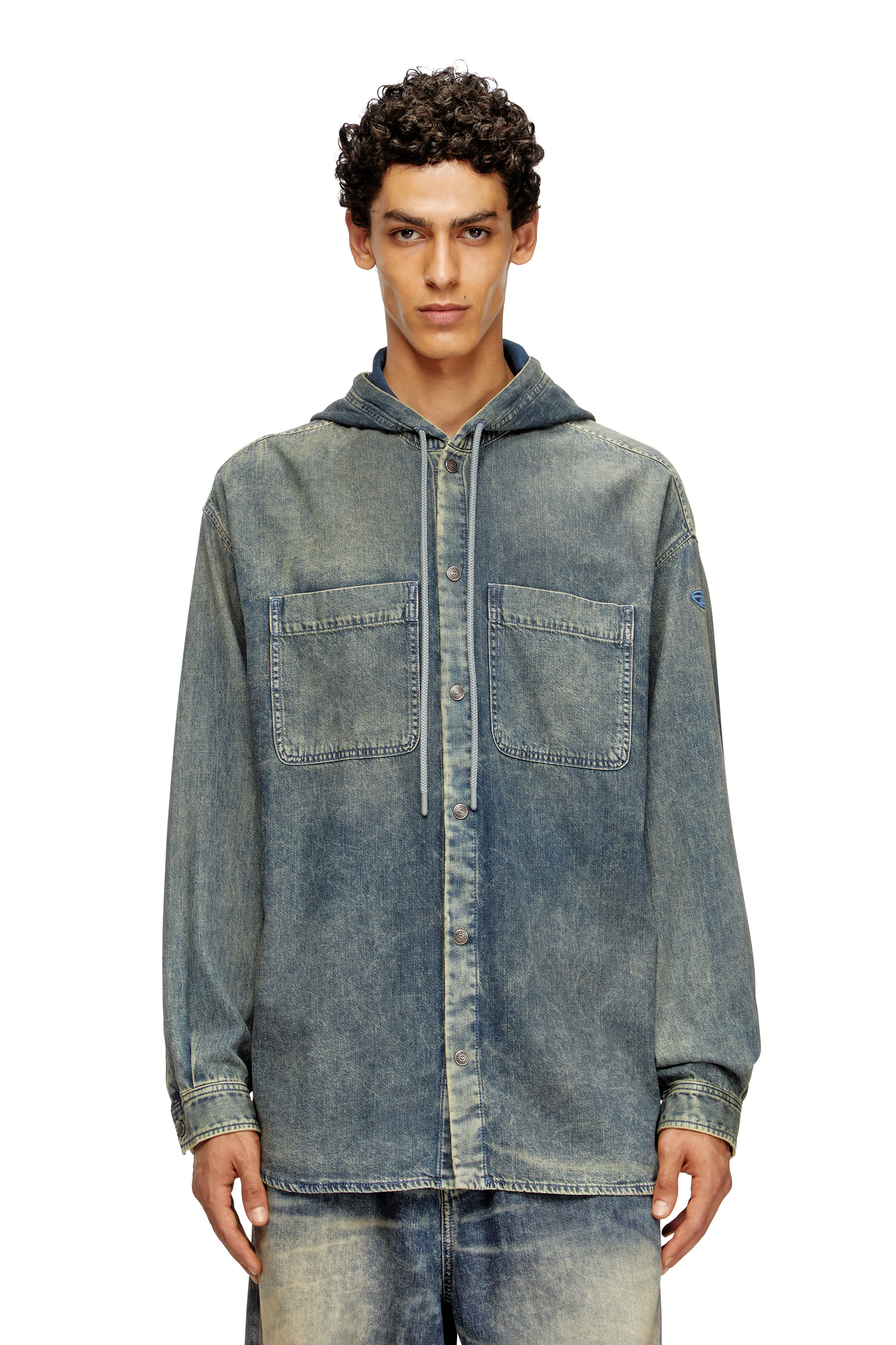 Diesel - D-DEWNY-HOOD-S2, Male's Overshirt in marbled coated denim in ミディアムブルー - 1