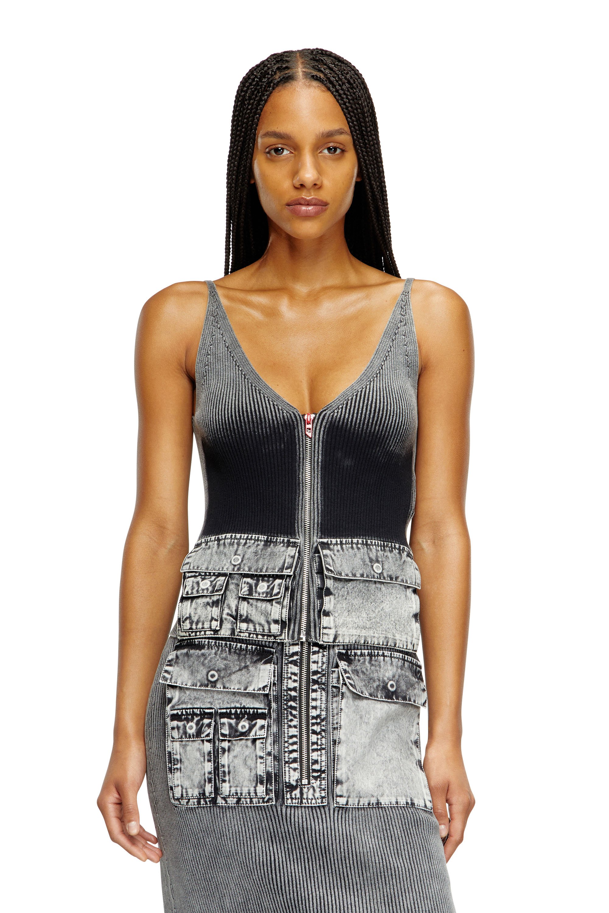 Diesel - M-MELLY, Female's Knit tank top with denim cargo pockets in ダークグレー - 1