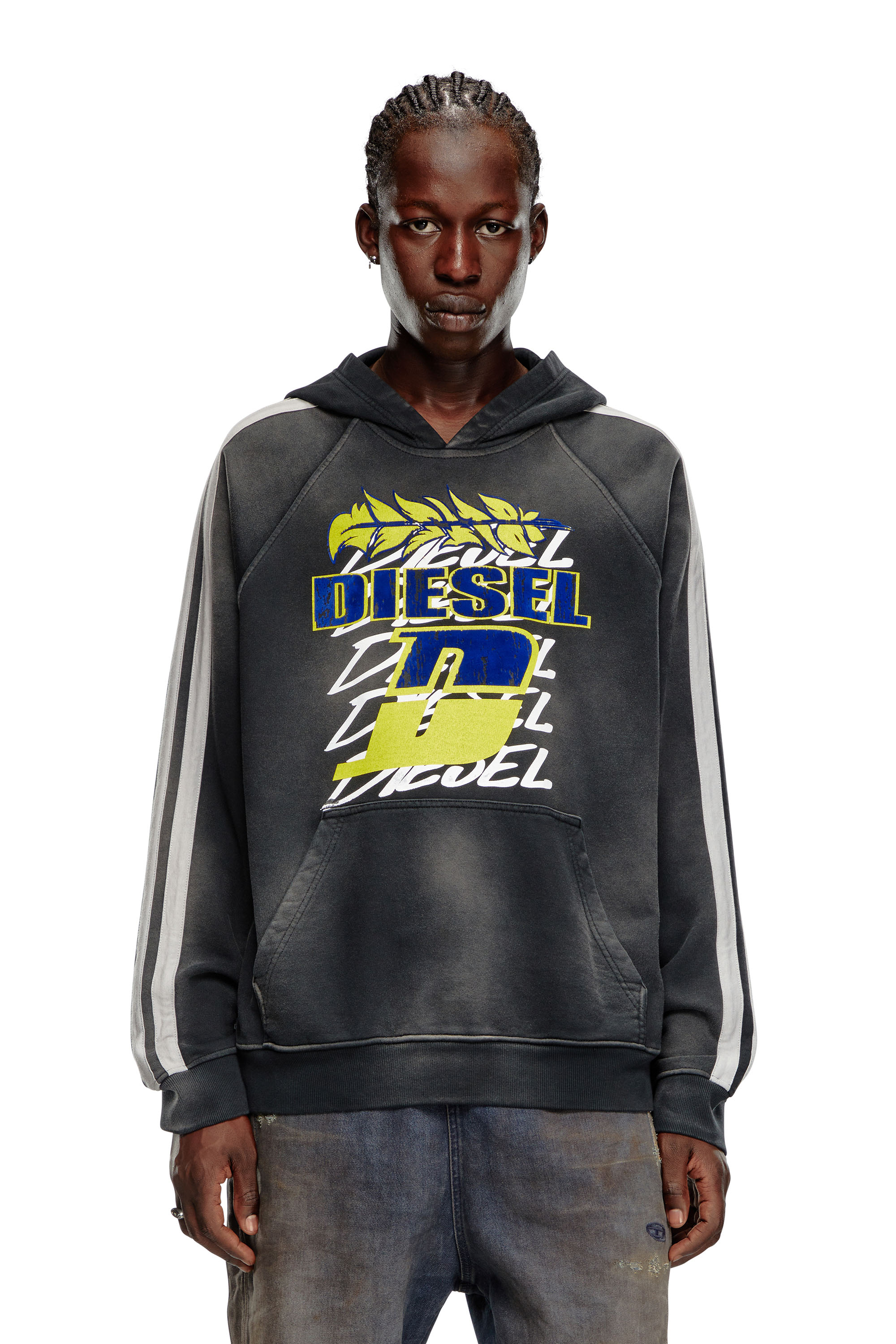 Diesel - S-ROXT-HOOD-STRIPE, Male's Treated cotton hoodie with layered prints in グレー/ブラック - 5
