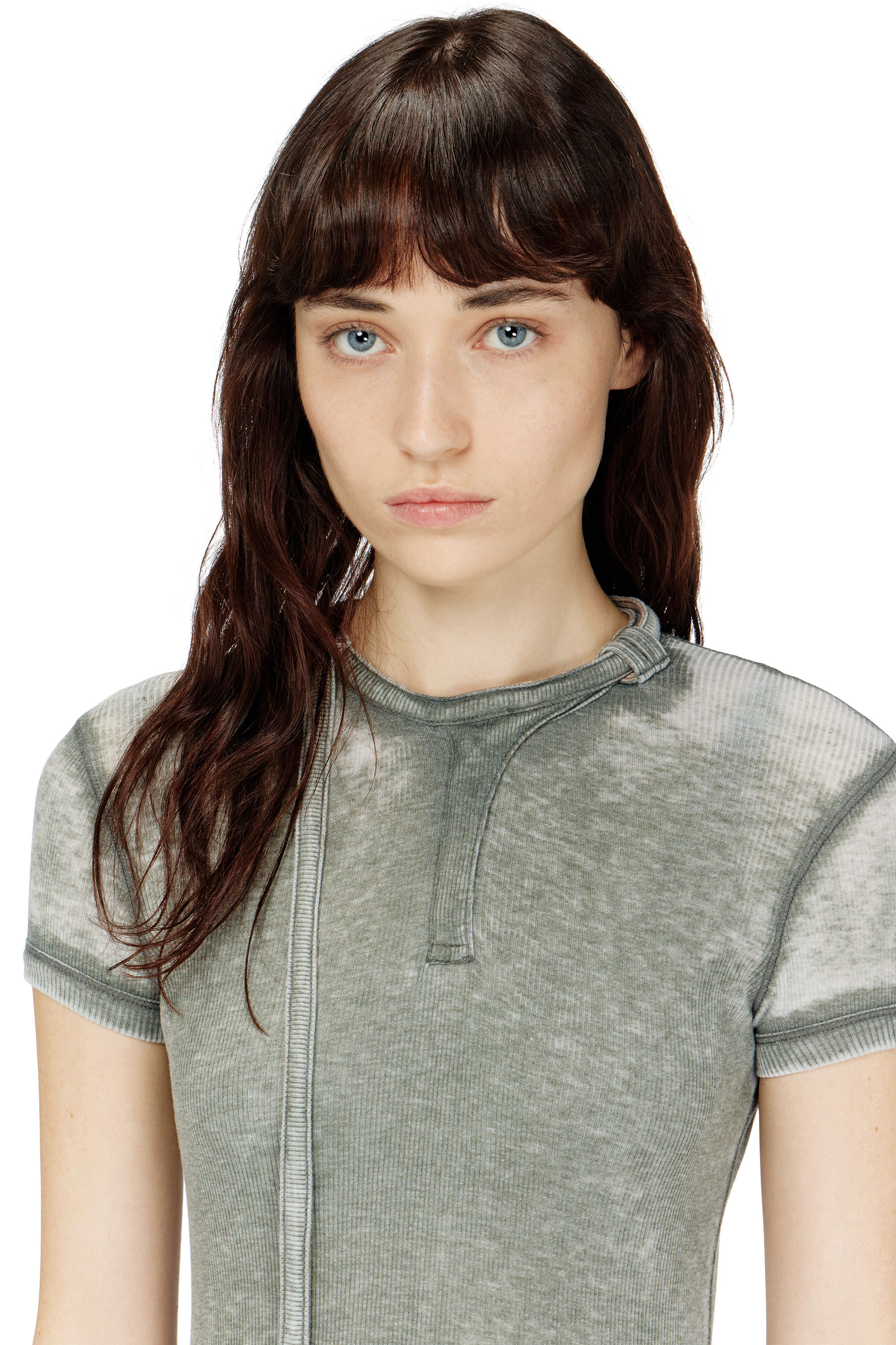 Diesel - D-INA, Female's Rib-jersey midi dress with biker neck strap in グレー - 5