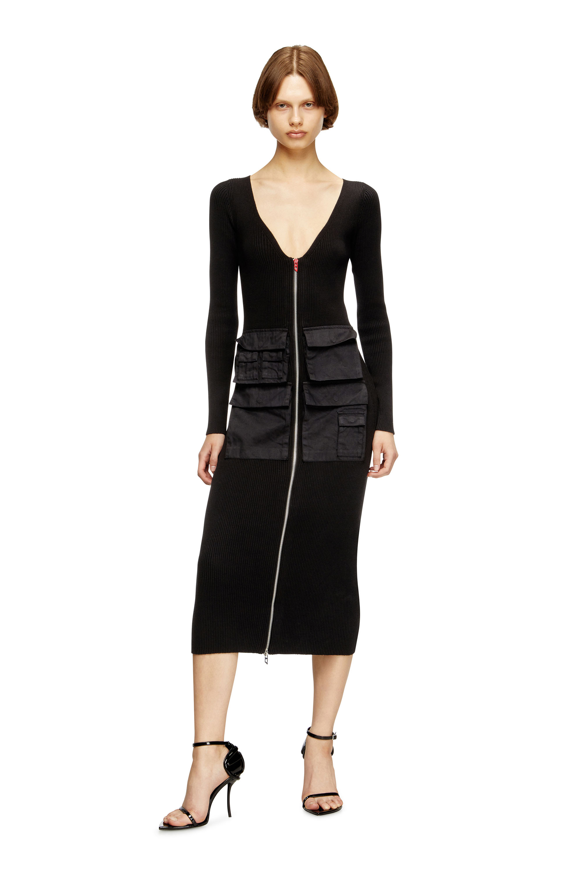 Diesel - M-MELTI-LS, Female's Ribbed midi dress with cargo pockets in ブラック - 2