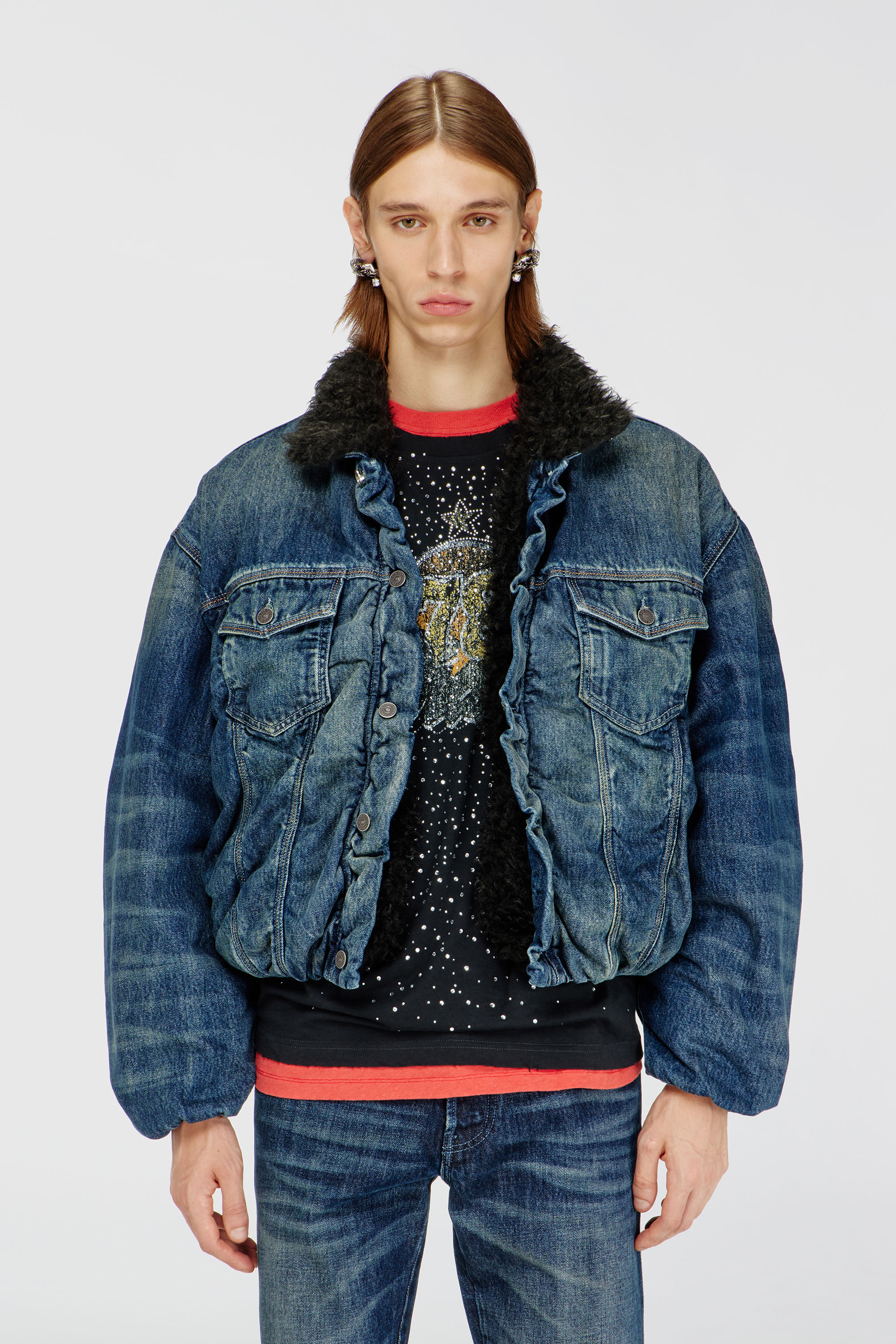 Diesel - D-CURLY-FSJ1, Unisex's Teddy-lined trucker jacket in denim in ダークブルー - 1