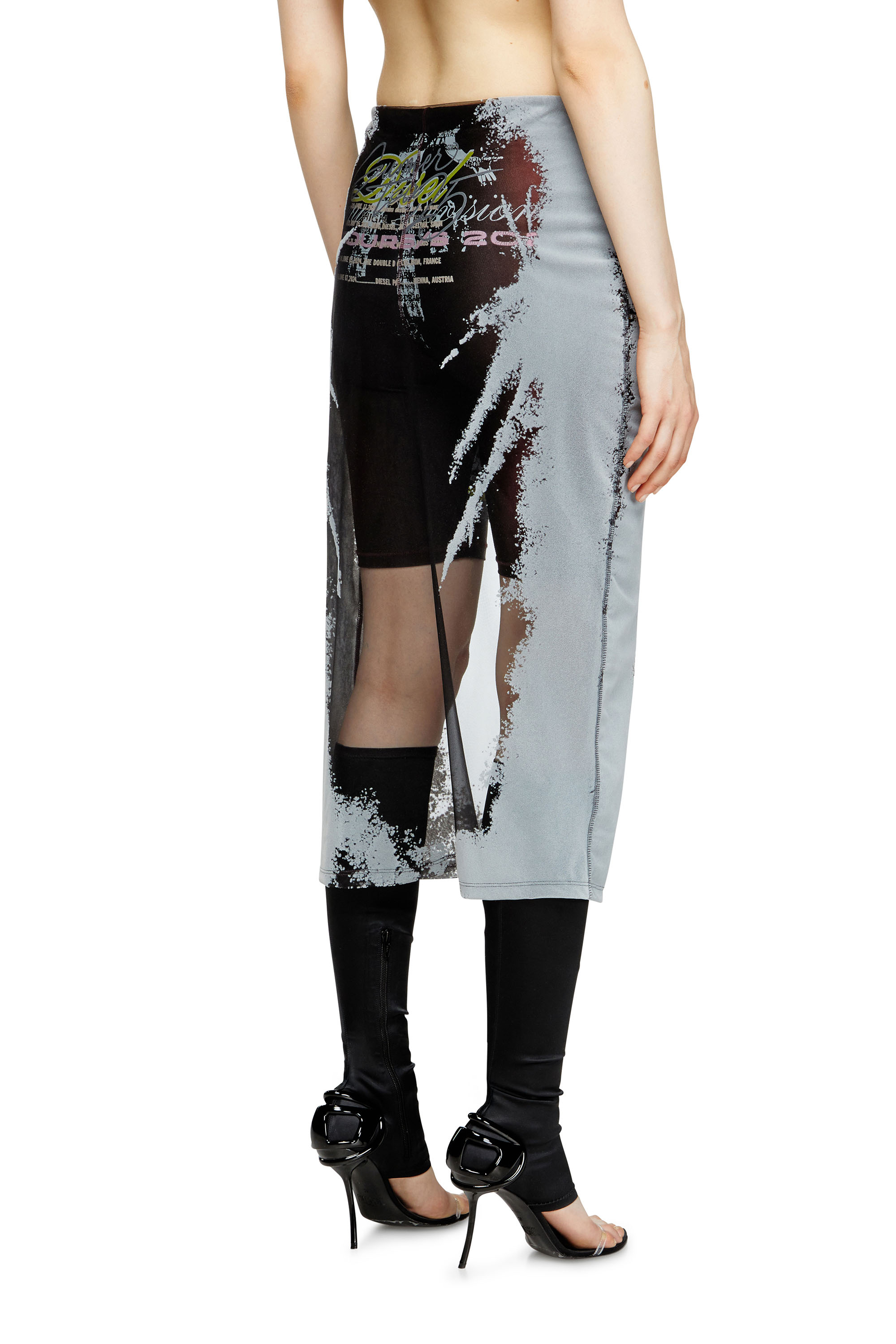Diesel - O-LYAC, Female's Layered midi skirt with lyrics print in ブラック/グレー - 5