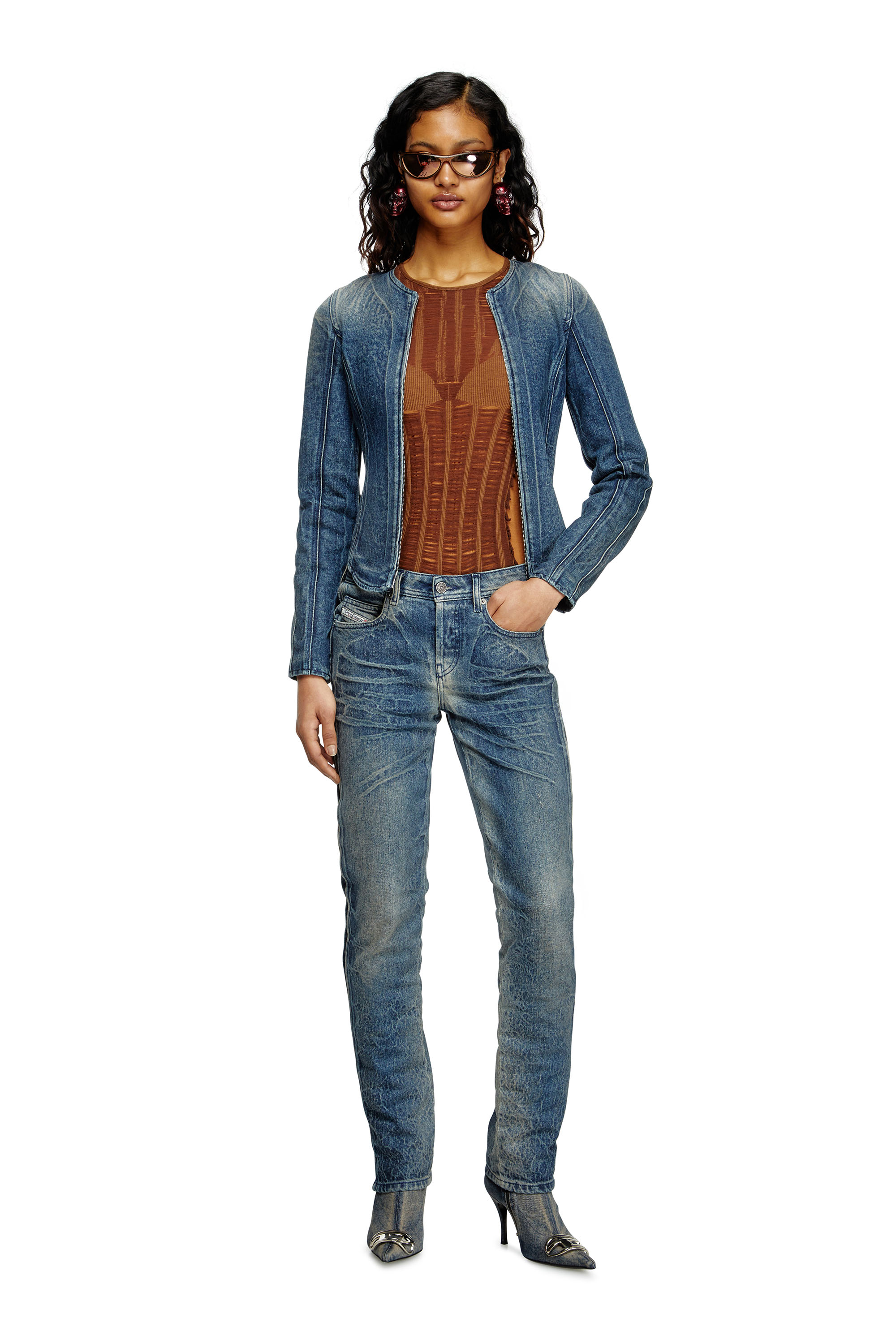 Diesel - M-CALAI-SS, Female's Seamless T-shirt with lingerie illusion in ブラウン - 1