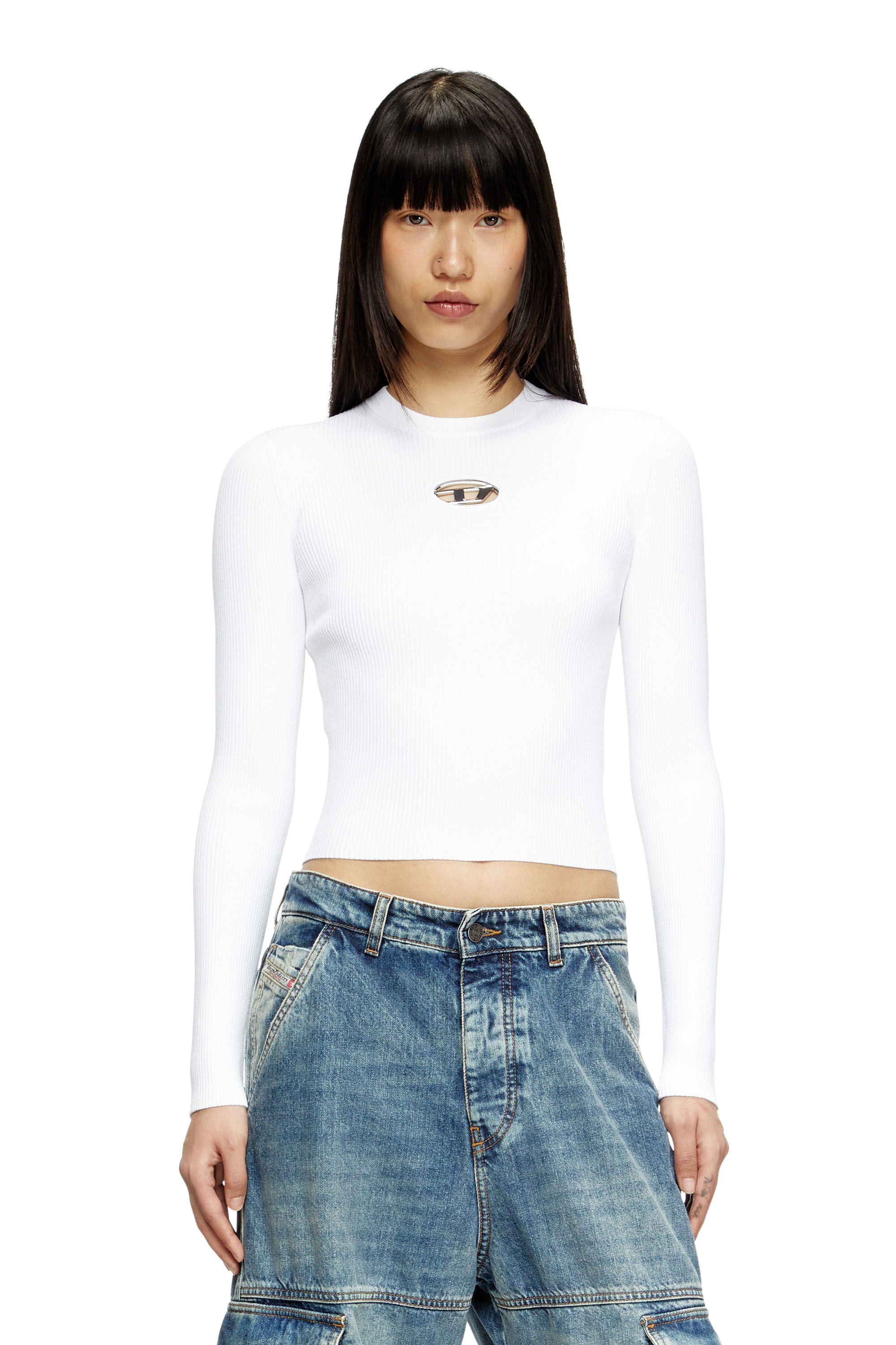 Diesel - M-VALARI, Female's Rib-knit viscose-blend top with Oval D in ホワイト - 1