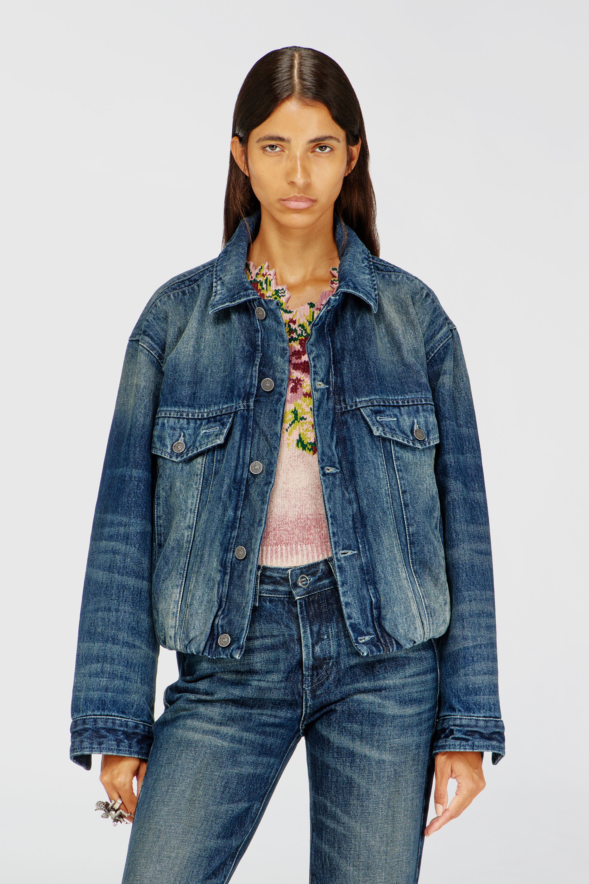 Diesel - DE-MORVI-FSJ, Female's Elasticated trucker jacket in denim in ダークブルー - 1