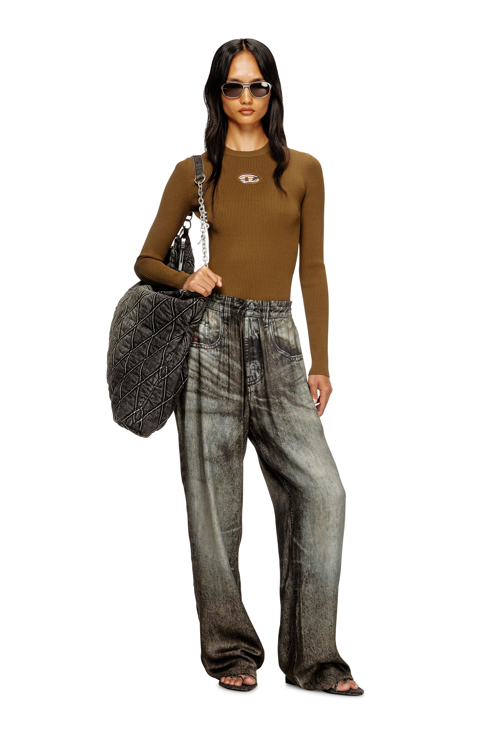 Diesel - M-VALARI, Female's Rib-knit viscose-blend top with Oval D in ブラウン - 1